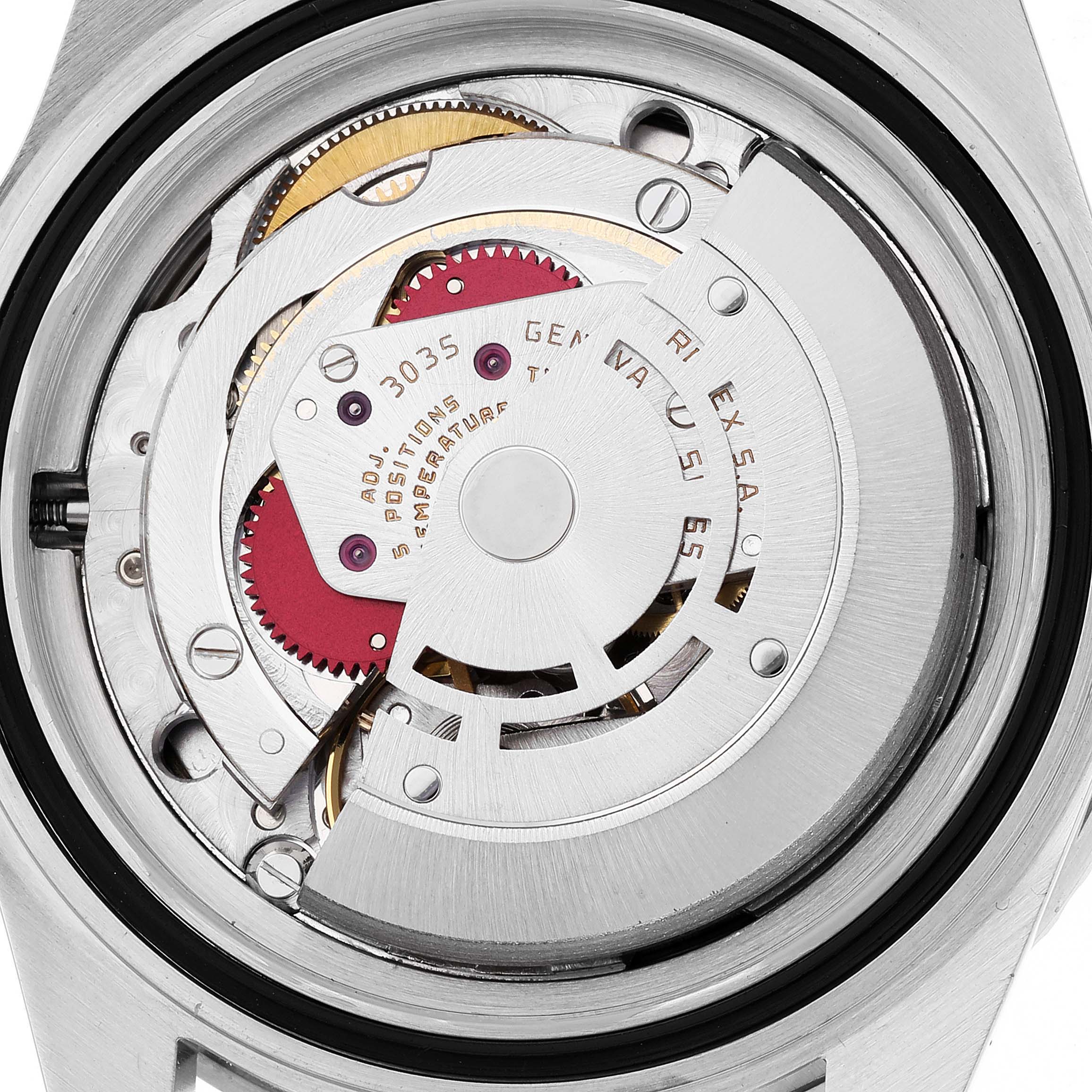 The image shows the internal movement mechanisms of a Rolex Vintage Collection 168000 Men's Stainless Steel Black Dial 168000 Men's Stainless Steel Black Dial model viewed from the back.