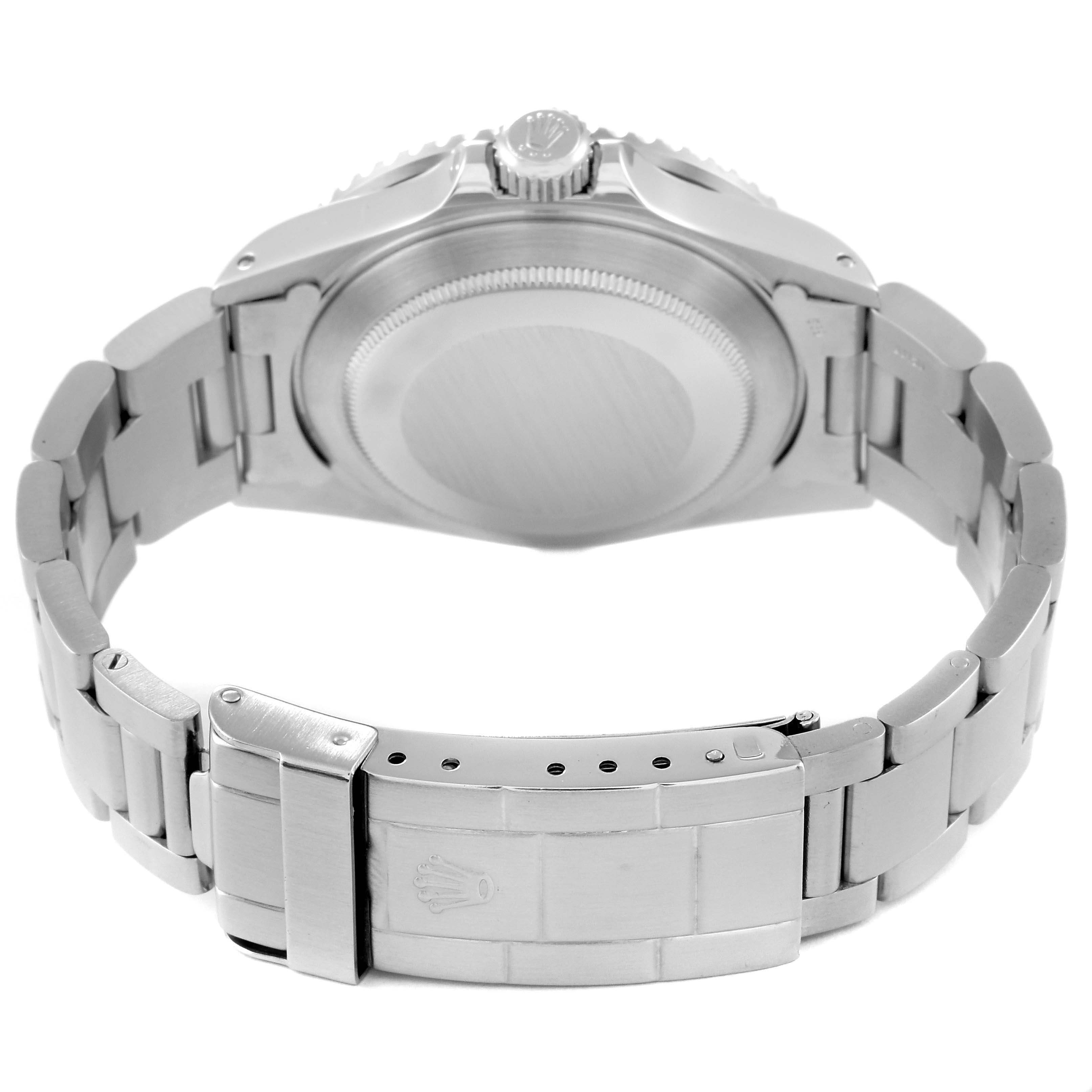 The image shows the back view of the Rolex Vintage Collection 168000 Men's Stainless Steel Black Dial 168000 Men's Stainless Steel Black Dial watch, highlighting its metal bracelet and closed clasp.