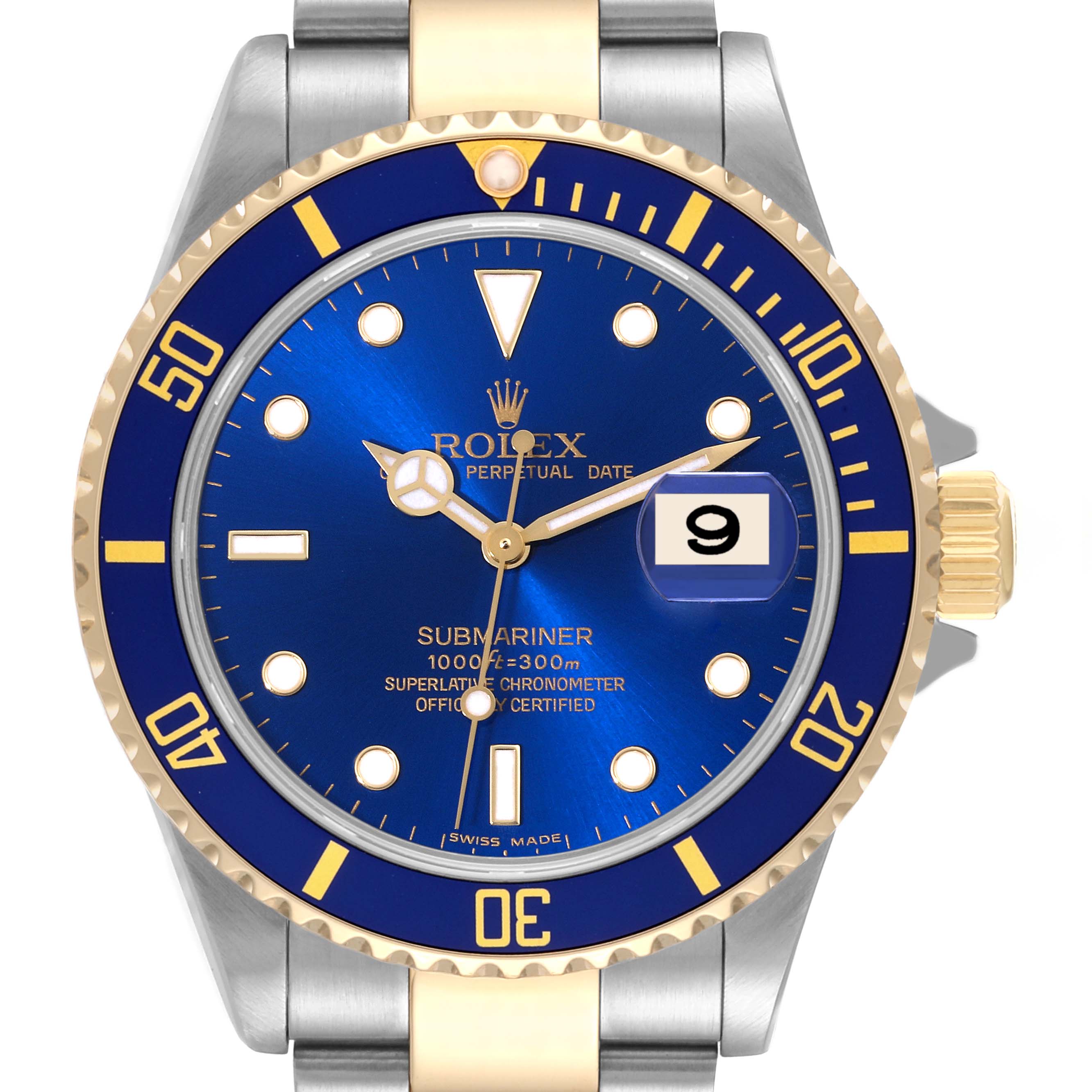 This image shows a front view of a Rolex Submariner 16613 Men's Steel and Gold (two tone) Blue Dial 16613 Men's Steel and Gold (two tone) Blue Dial watch, highlighting its blue dial, date window, and two-tone bezel and band.