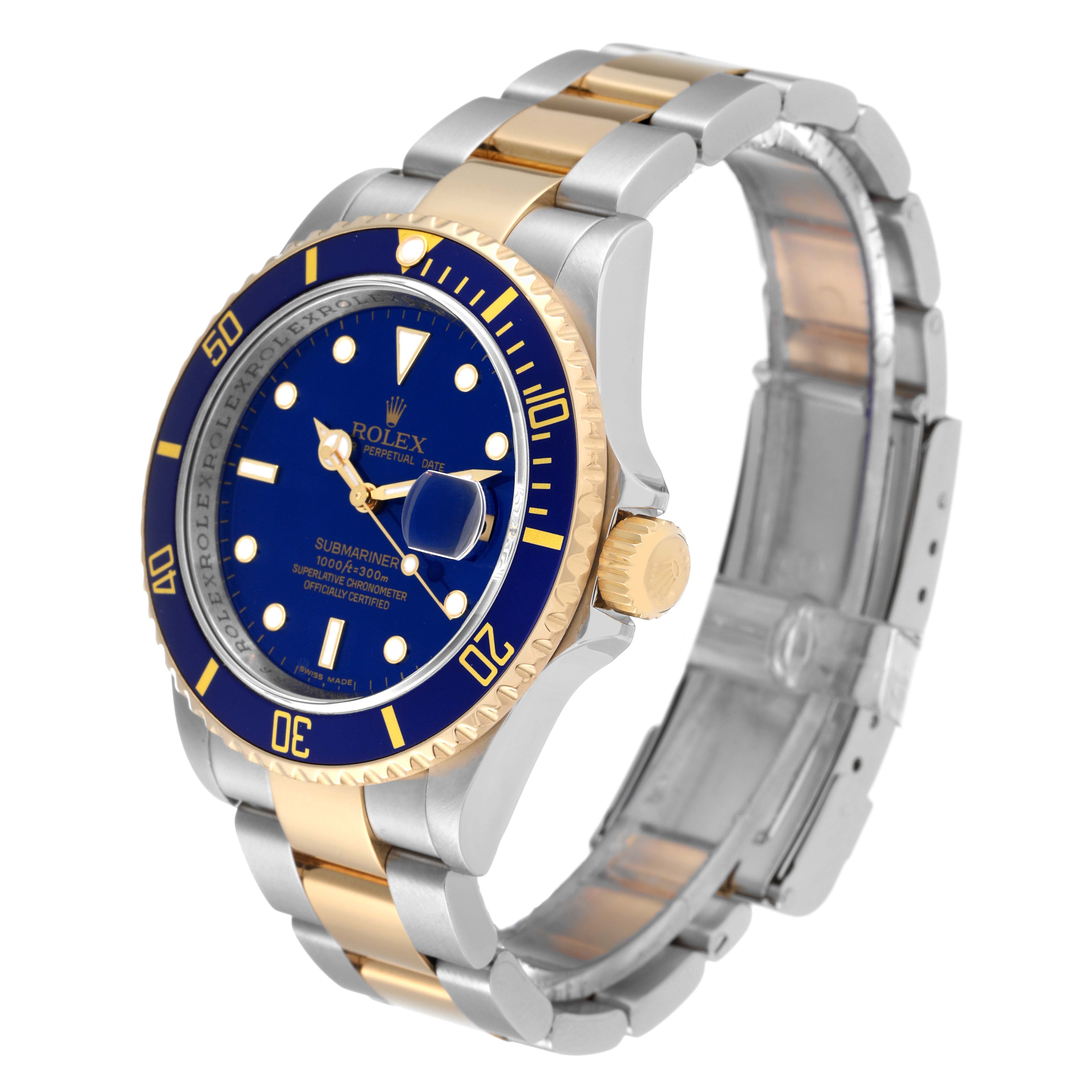 The Rolex Submariner 16613 Men's Steel and Gold (two tone) Blue Dial 16613 Men's Steel and Gold (two tone) Blue Dial is shown at a three-quarter angle, highlighting the bezel, dial, crown, and stainless steel and gold bracelet.