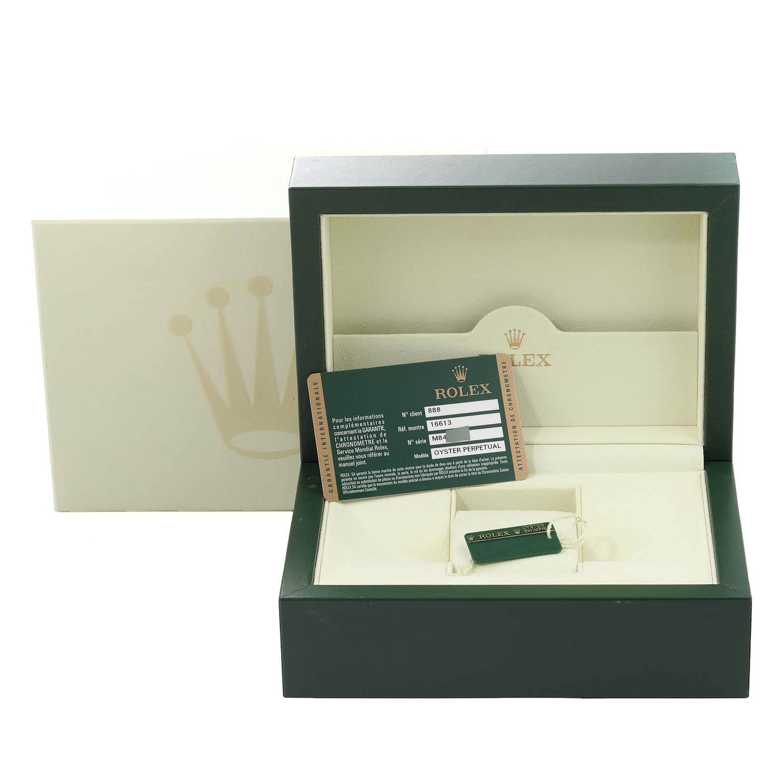 The image shows a Rolex Submariner 16613 Men's Steel and Gold (two tone) Blue Dial 16613 Men's Steel and Gold (two tone) Blue Dial box, an authenticity card, and a tag from a frontal angle.