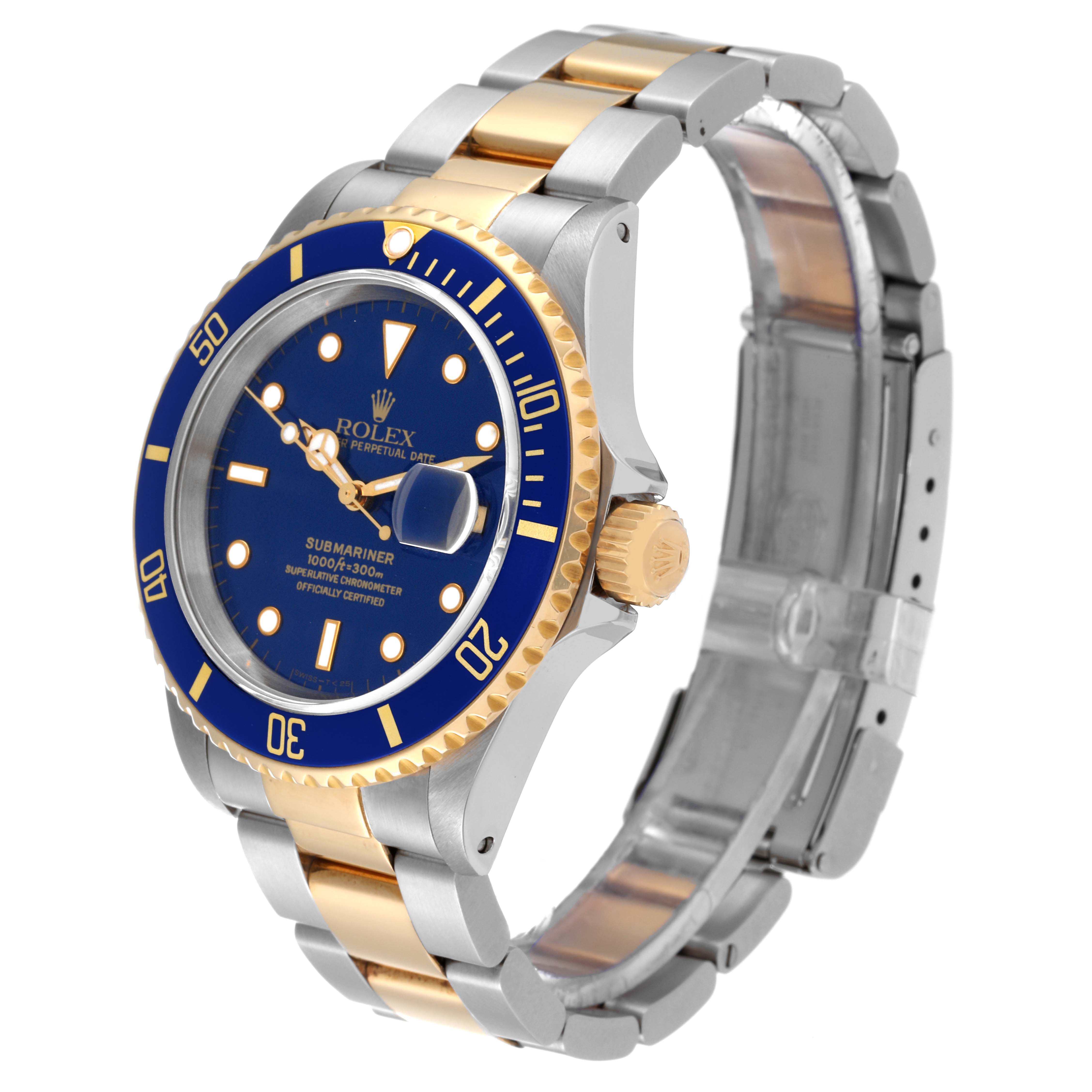 The image shows a side view of a Rolex Submariner 16613 Men's Steel and Gold (two tone) Blue Dial 16613 Men's Steel and Gold (two tone) Blue Dial watch, highlighting the blue dial, bezel, bracelet, and crown.