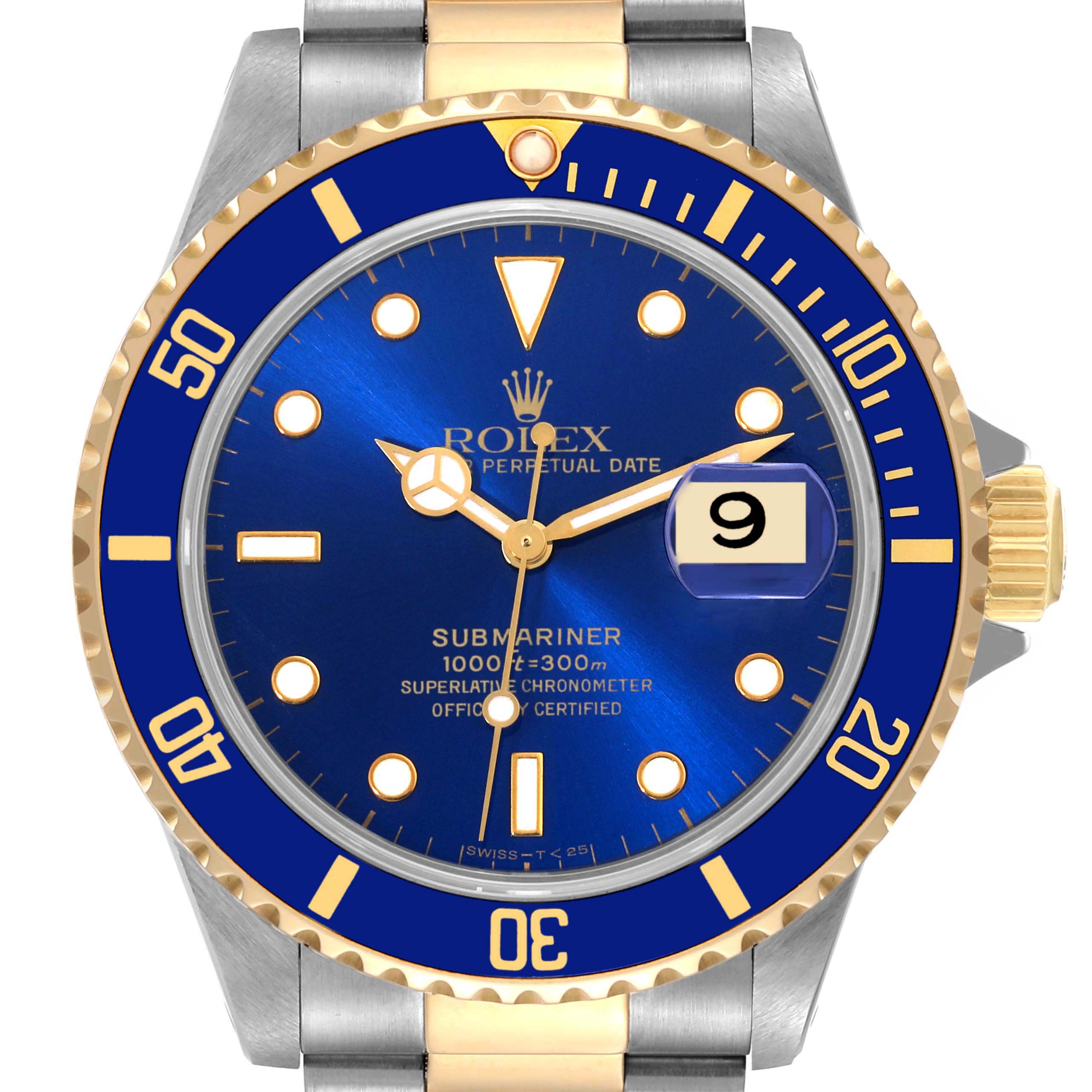 This image shows a front view of a Rolex Submariner 16613 Men's Steel and Gold (two tone) Blue Dial 16613 Men's Steel and Gold (two tone) Blue Dial watch with a blue dial and bezel, gold accents, and a date display.