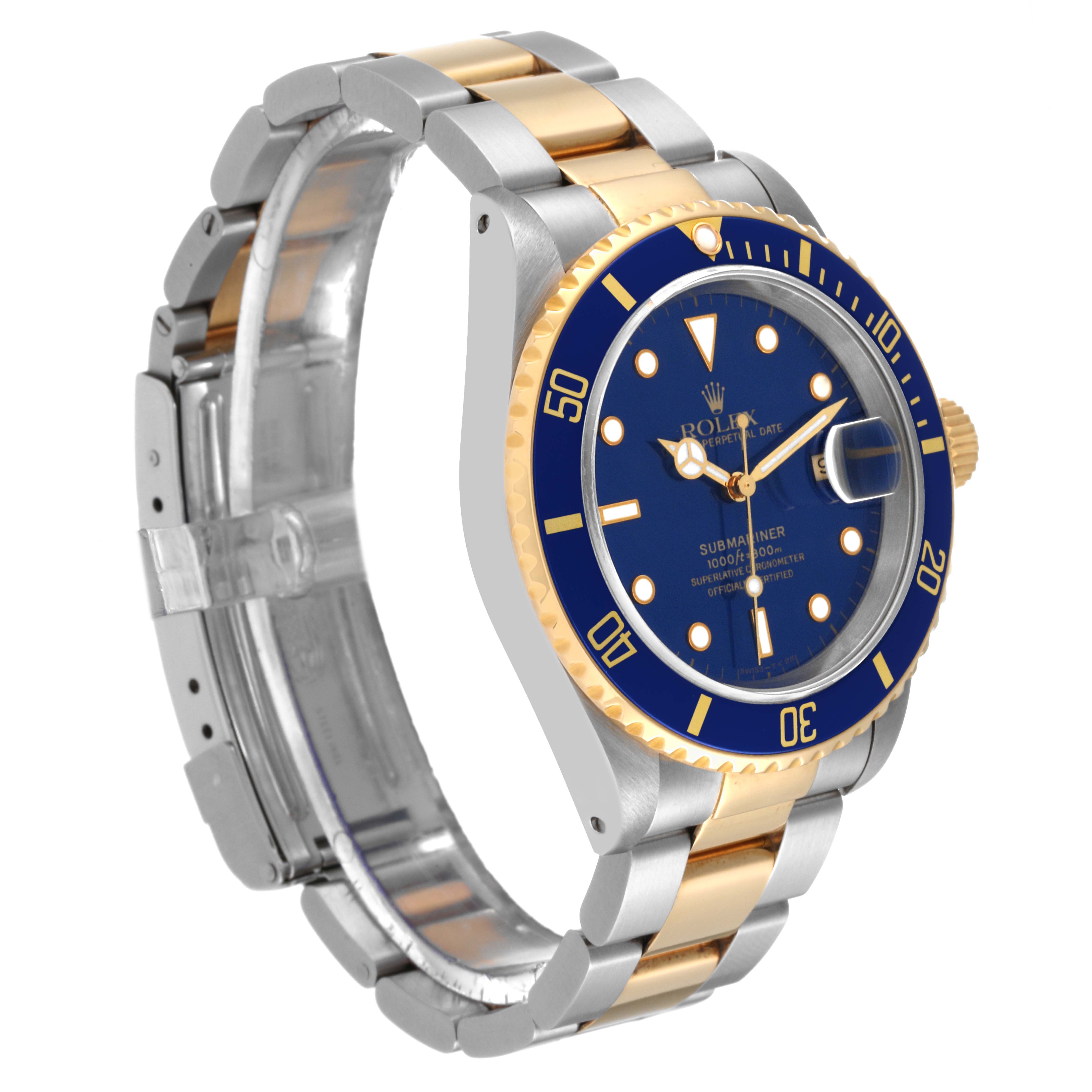This image shows a side-angle view of a Rolex Submariner 16613 Men's Steel and Gold (two tone) Blue Dial 16613 Men's Steel and Gold (two tone) Blue Dial, highlighting the blue dial, bezel, and two-tone bracelet.