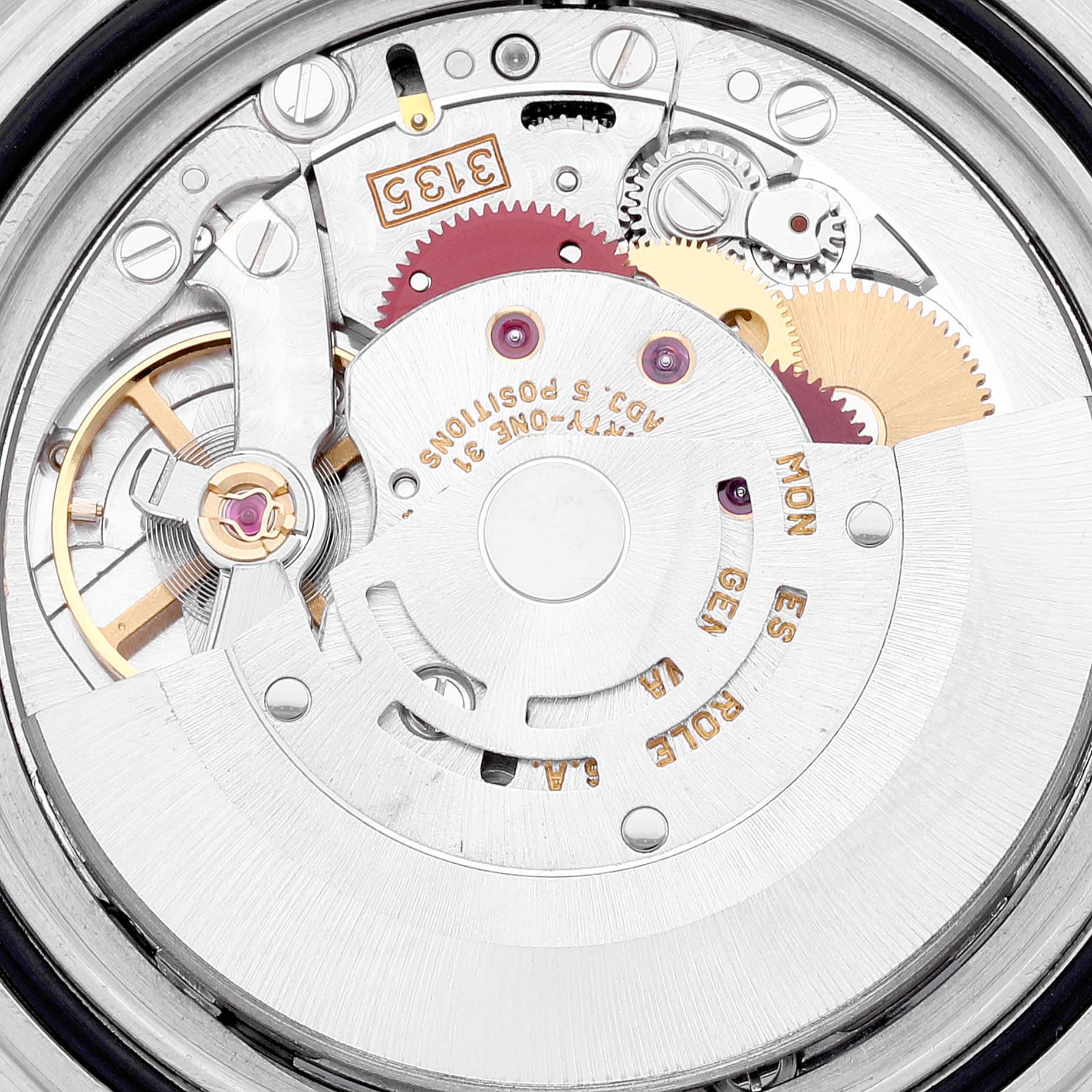 This image shows the intricate internal mechanism of a Rolex Submariner 16613 Men's Steel and Gold (two tone) Blue Dial 16613 Men's Steel and Gold (two tone) Blue Dial watch, highlighting its gears and movement components.