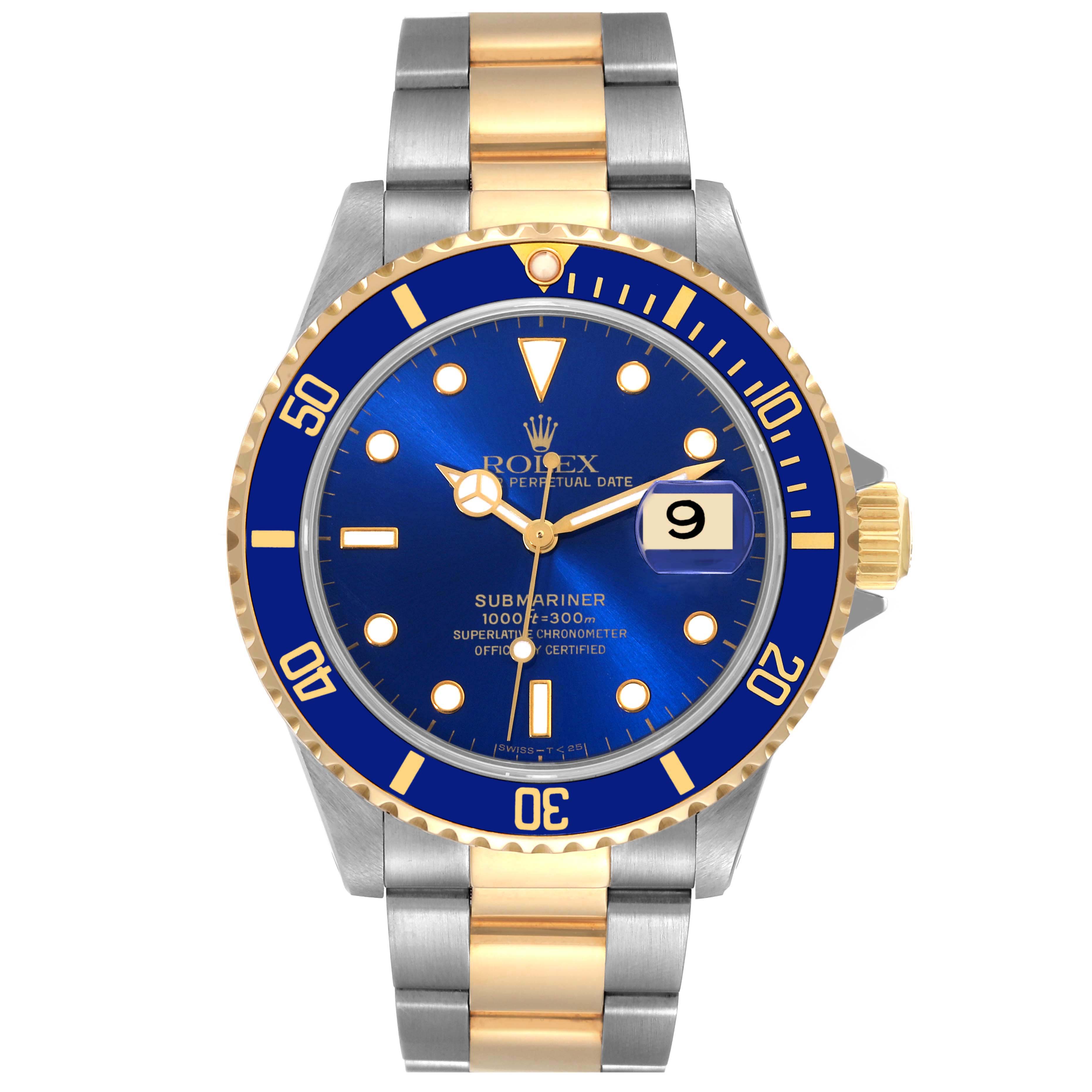 The image shows a front view of a Rolex Submariner 16613 Men's Steel and Gold (two tone) Blue Dial 16613 Men's Steel and Gold (two tone) Blue Dial watch, highlighting the blue dial, bezel, date window, and two-tone bracelet.