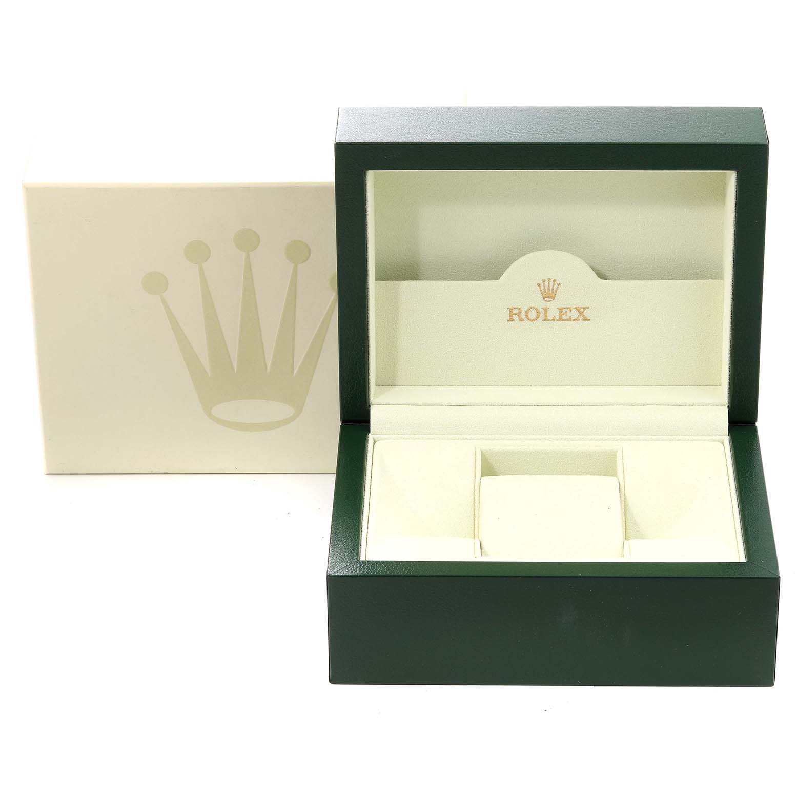 The image shows an open green and cream Rolex box for the Submariner model.