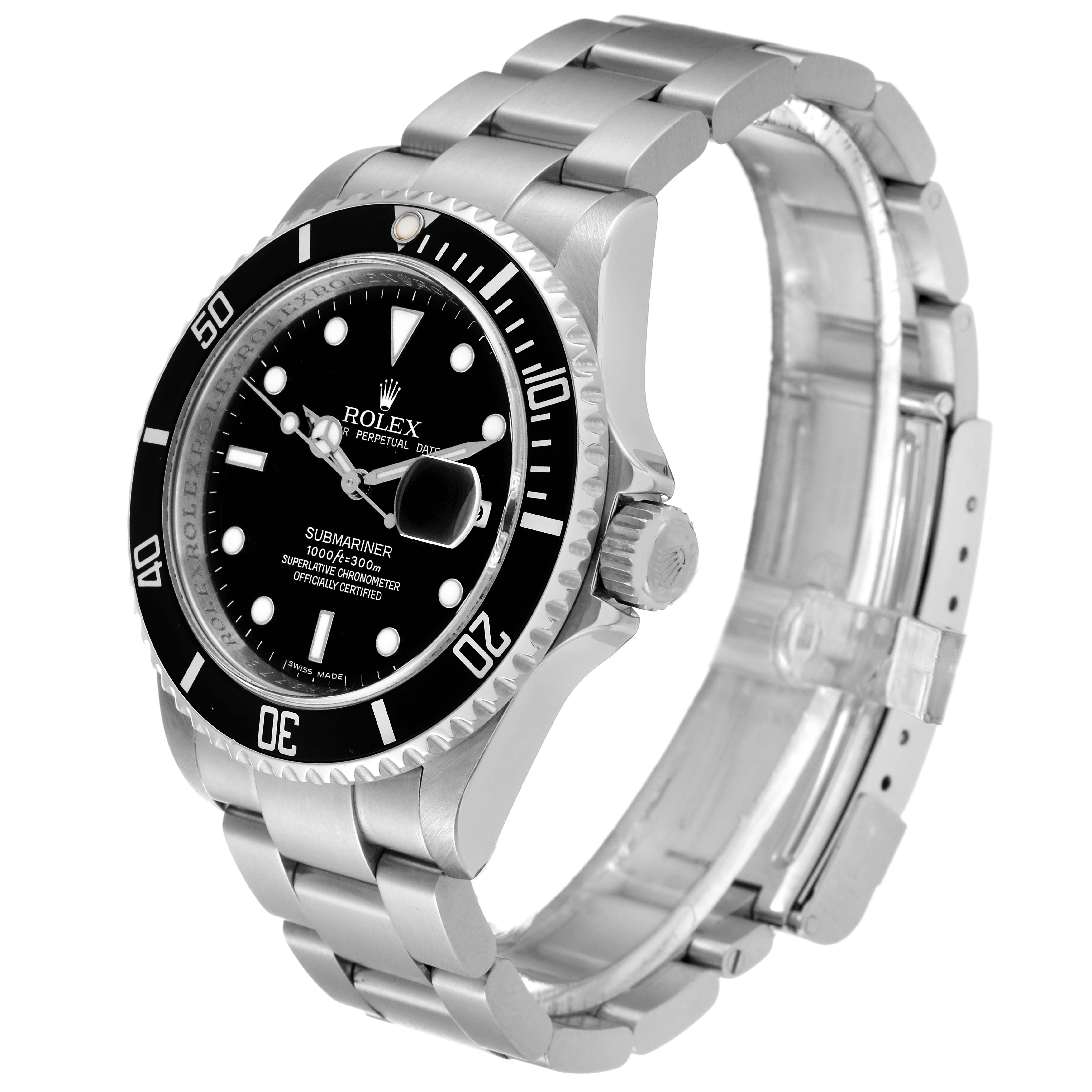 The Rolex Submariner 16610 Men
s Stainless Steel Black Dial 16610 Men
s Stainless Steel Black Dial watch is shown at an angled view highlighting the face, bezel, crown, and bracelet.
