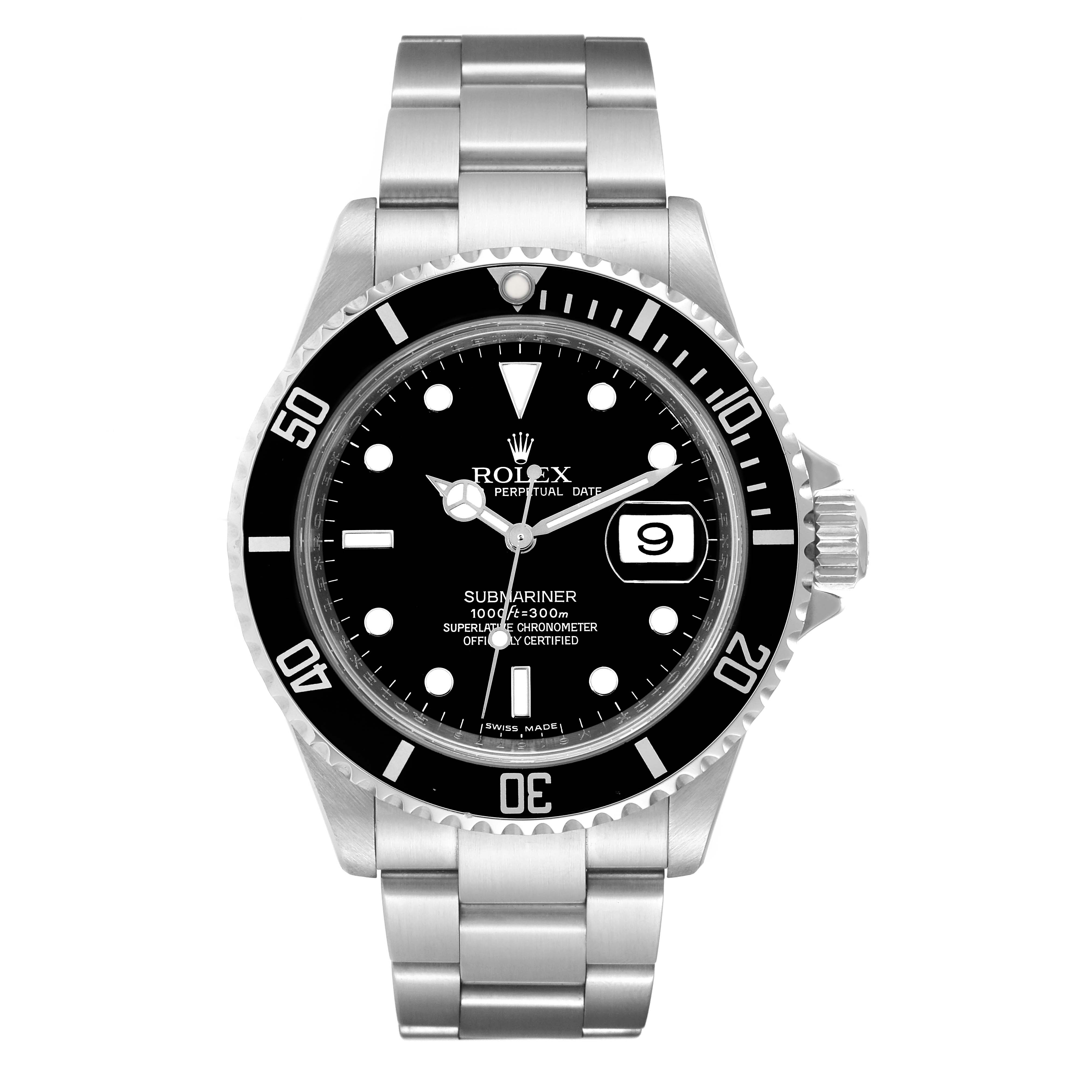 The Submariner model by Rolex is shown from a front angle, displaying the full watch face and band.