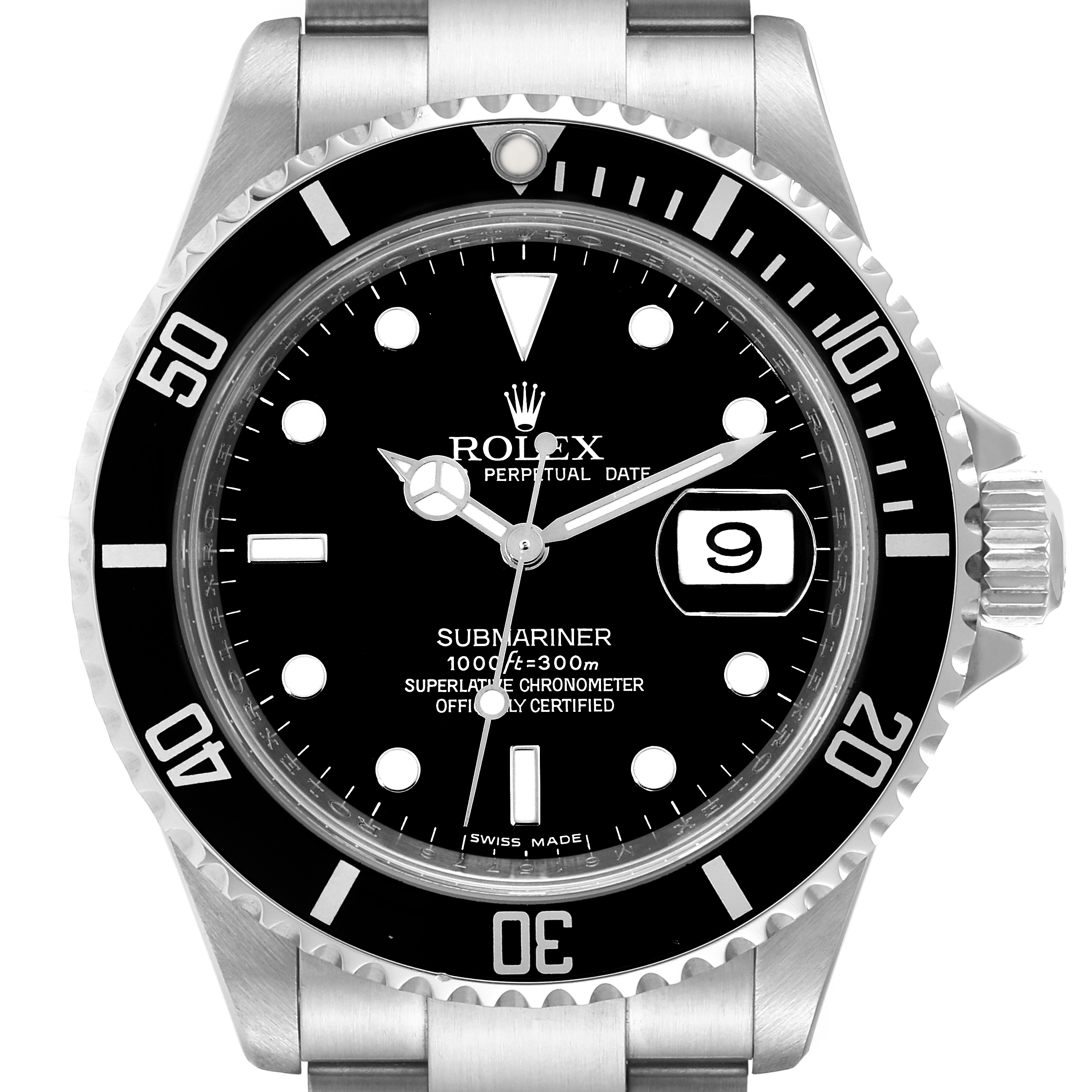 The image shows a front view of a Rolex Submariner 16610 Men
s Stainless Steel Black Dial 16610 Men
s Stainless Steel Black Dial watch, displaying the dial, bezel, and part of the stainless steel bracelet.