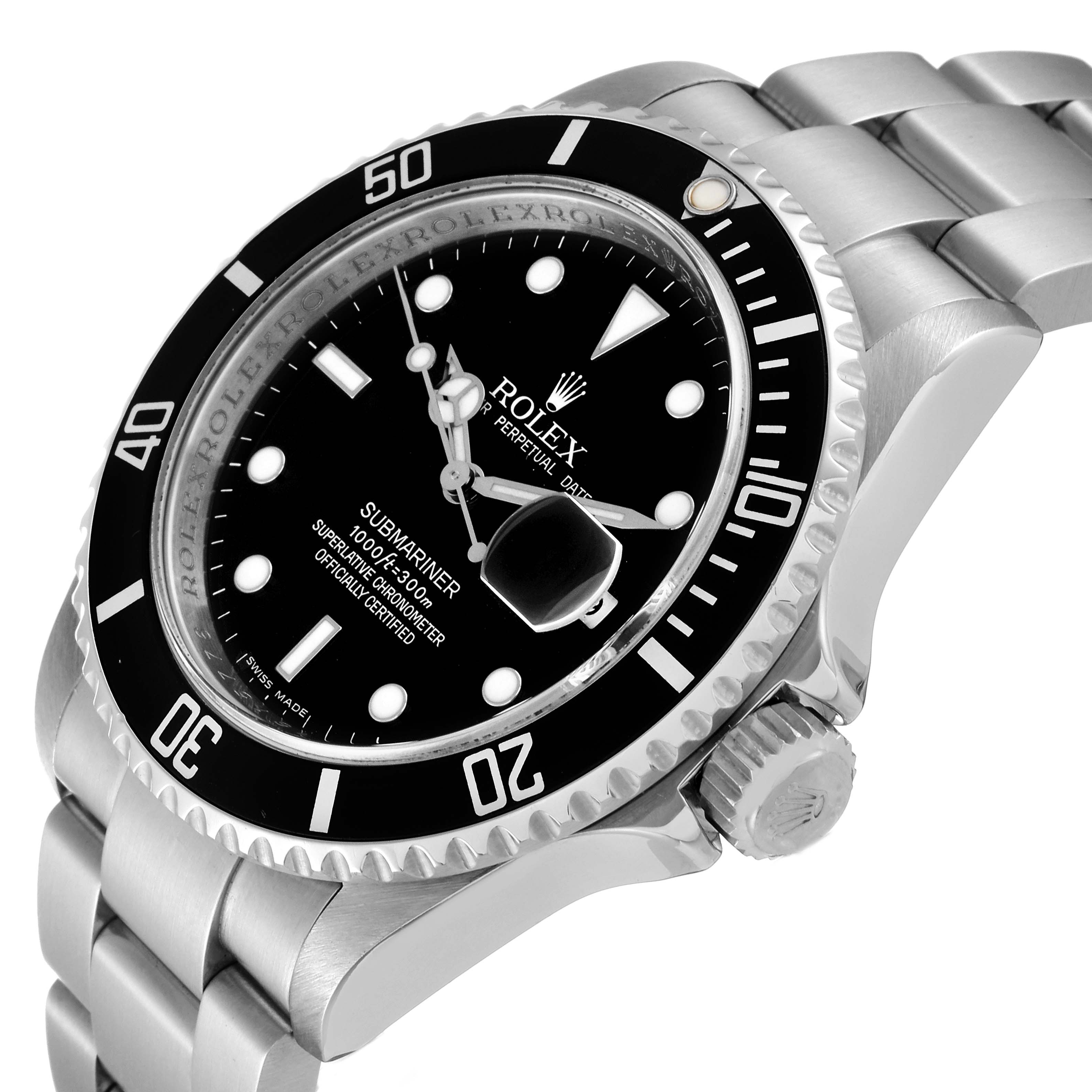 The image shows a close-up angled view of a Rolex Submariner 16610 Men
s Stainless Steel Black Dial 16610 Men
s Stainless Steel Black Dial, highlighting the watch face, bezel, crown, and bracelet.