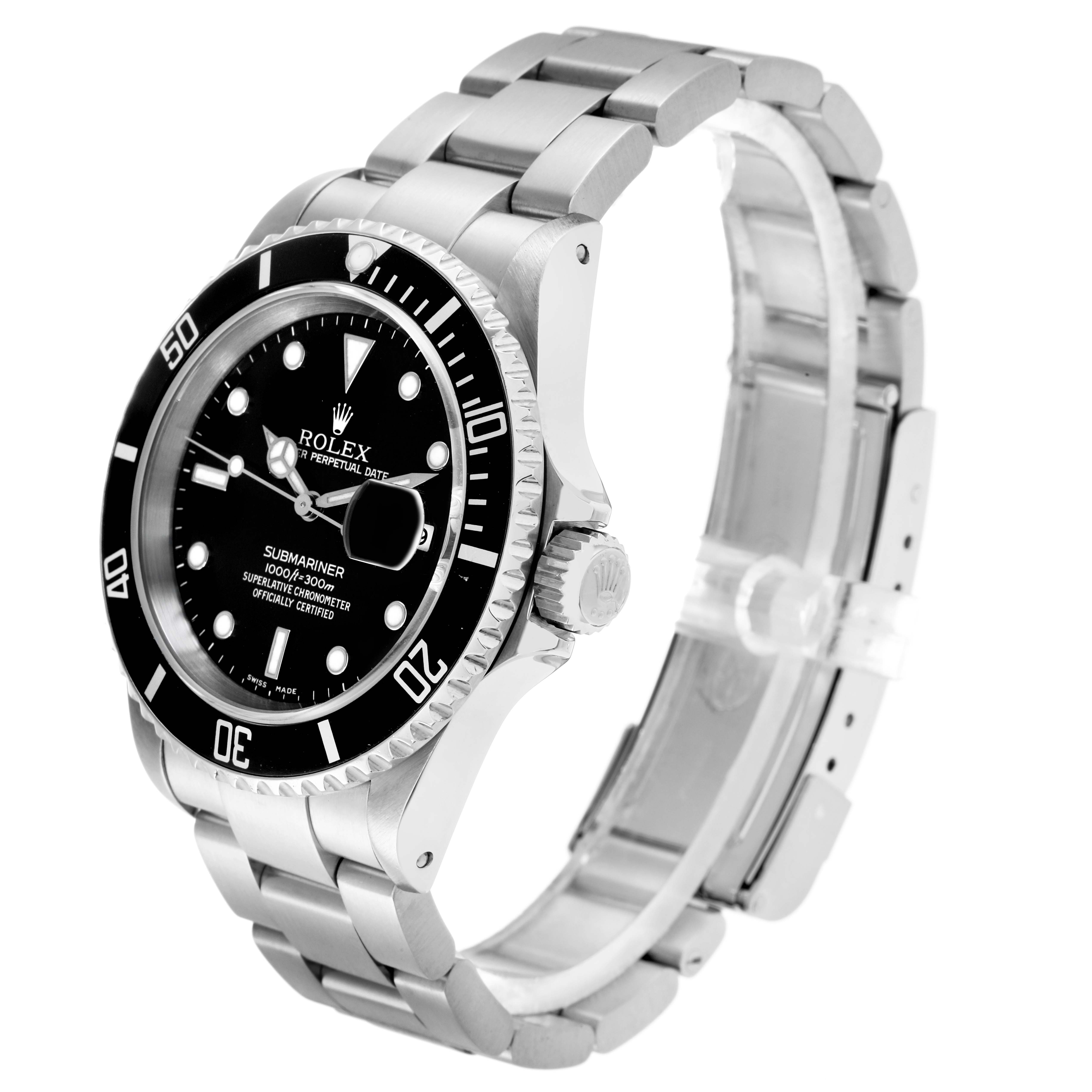 The image shows a Rolex Submariner model 16610 watch at a slight angle displaying the face, bezel, crown, and partial bracelet.