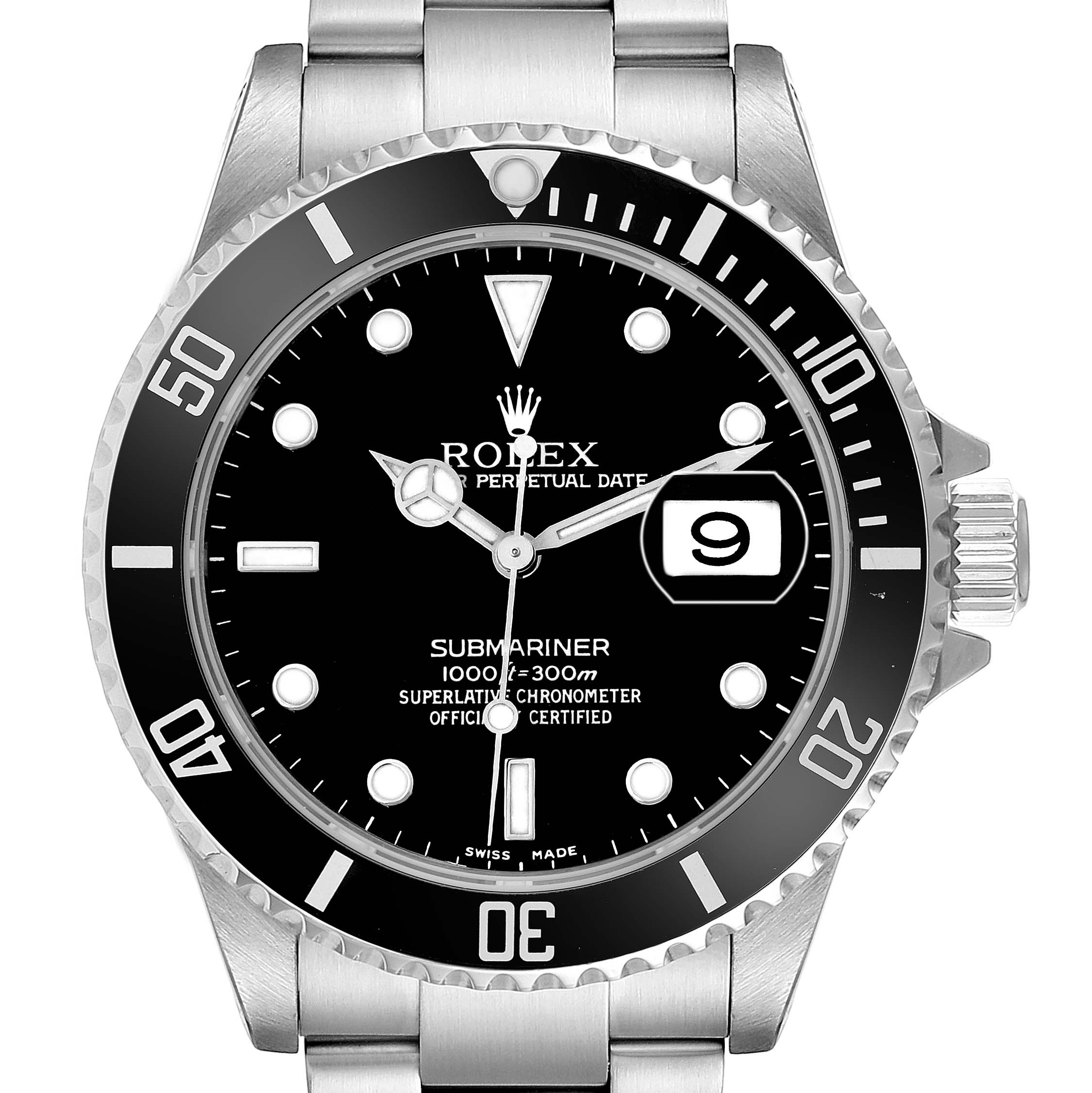 The image shows a front view of the Rolex Submariner model 16610, highlighting the dial, bezel, hands, markers, and part of the bracelet.
