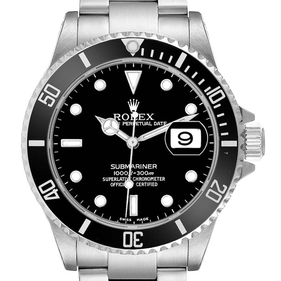 The image shows a front view of the Rolex Submariner model 16610, highlighting the dial, bezel, hands, markers, and part of the bracelet.