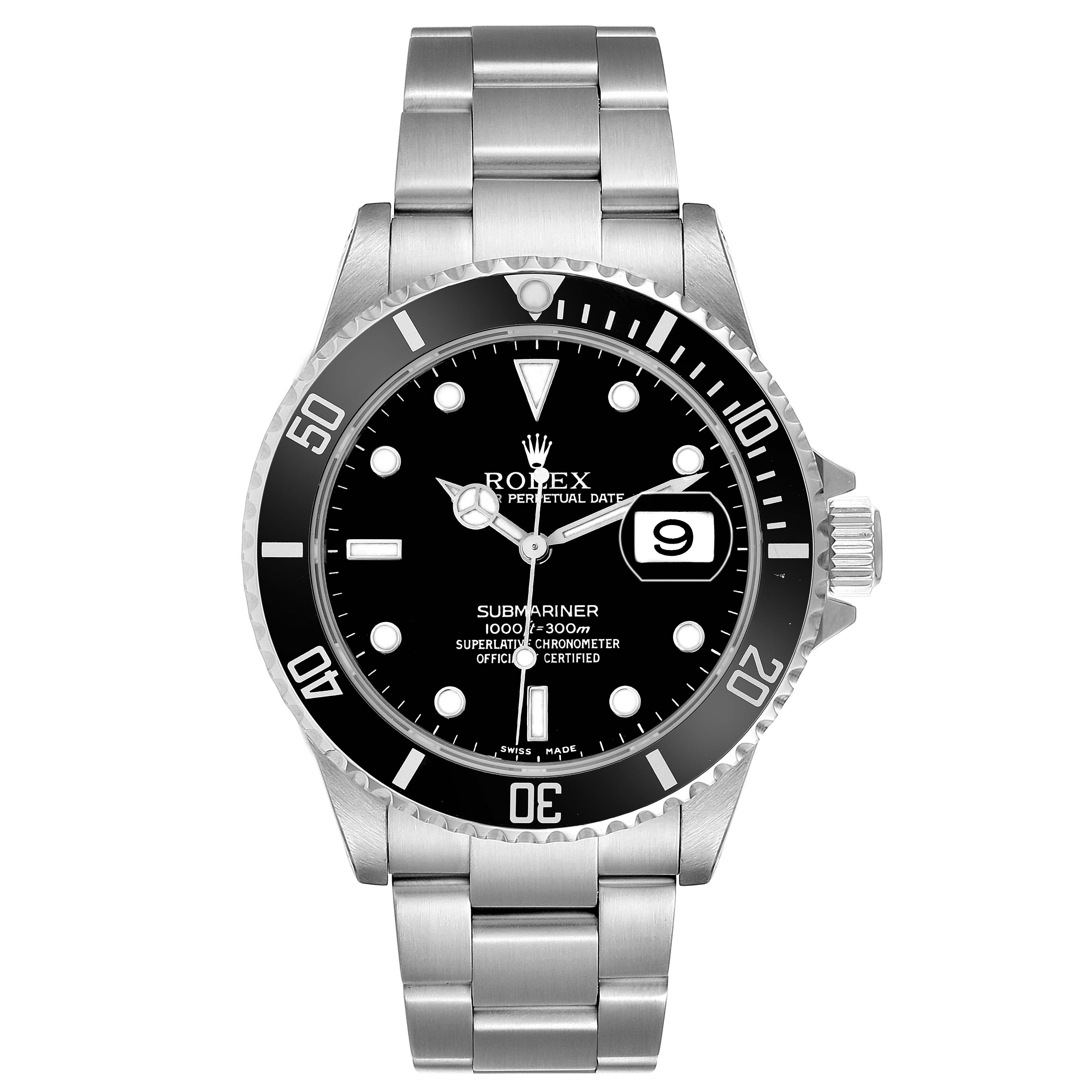 The Rolex Submariner model 16610 is shown from a front angle, highlighting its black dial, bezel, case, bracelet, and the date feature at 3 o
clock.