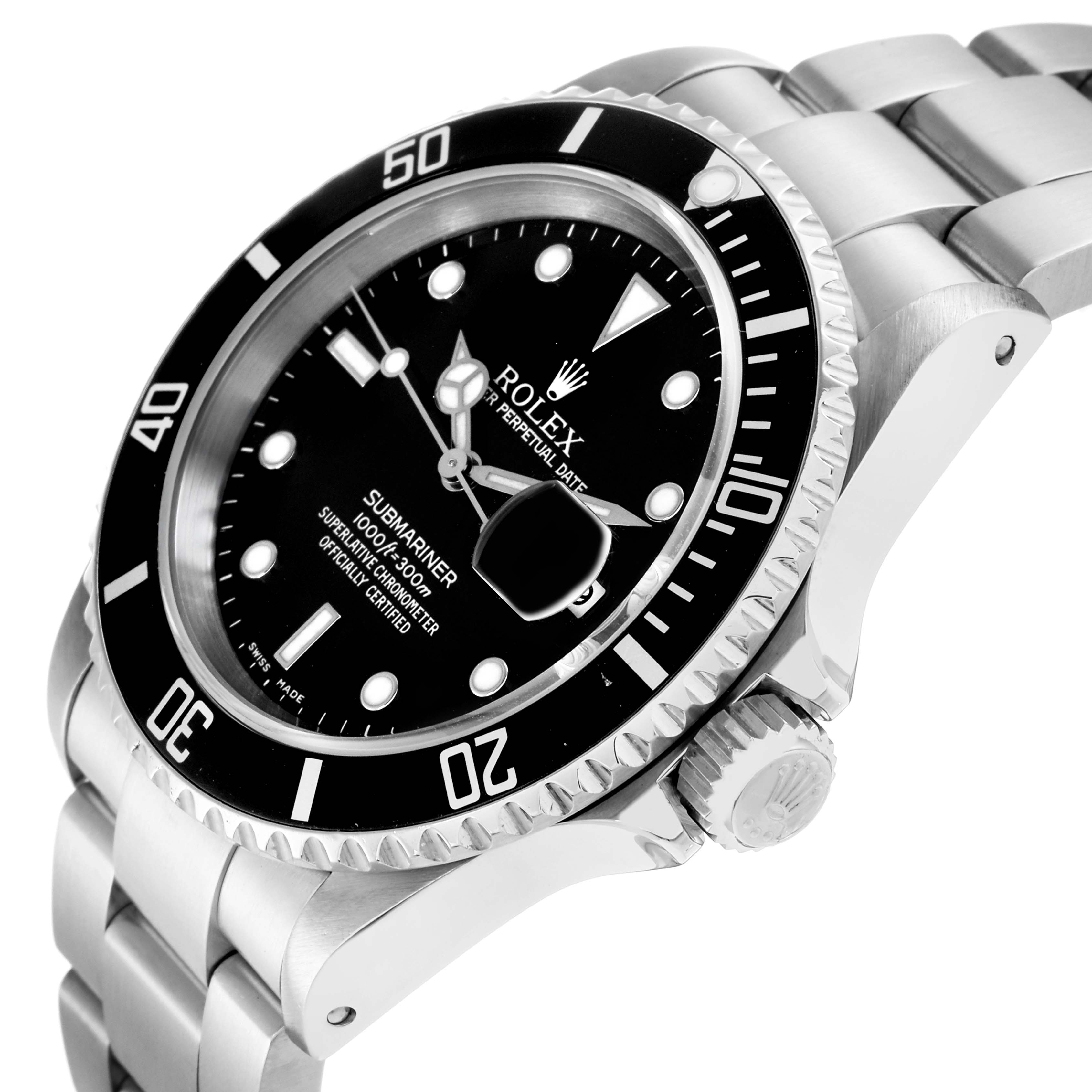 The Rolex Submariner model 16610 watch is shown at an angled view, highlighting the bezel, dial, crown, and part of the stainless steel bracelet.