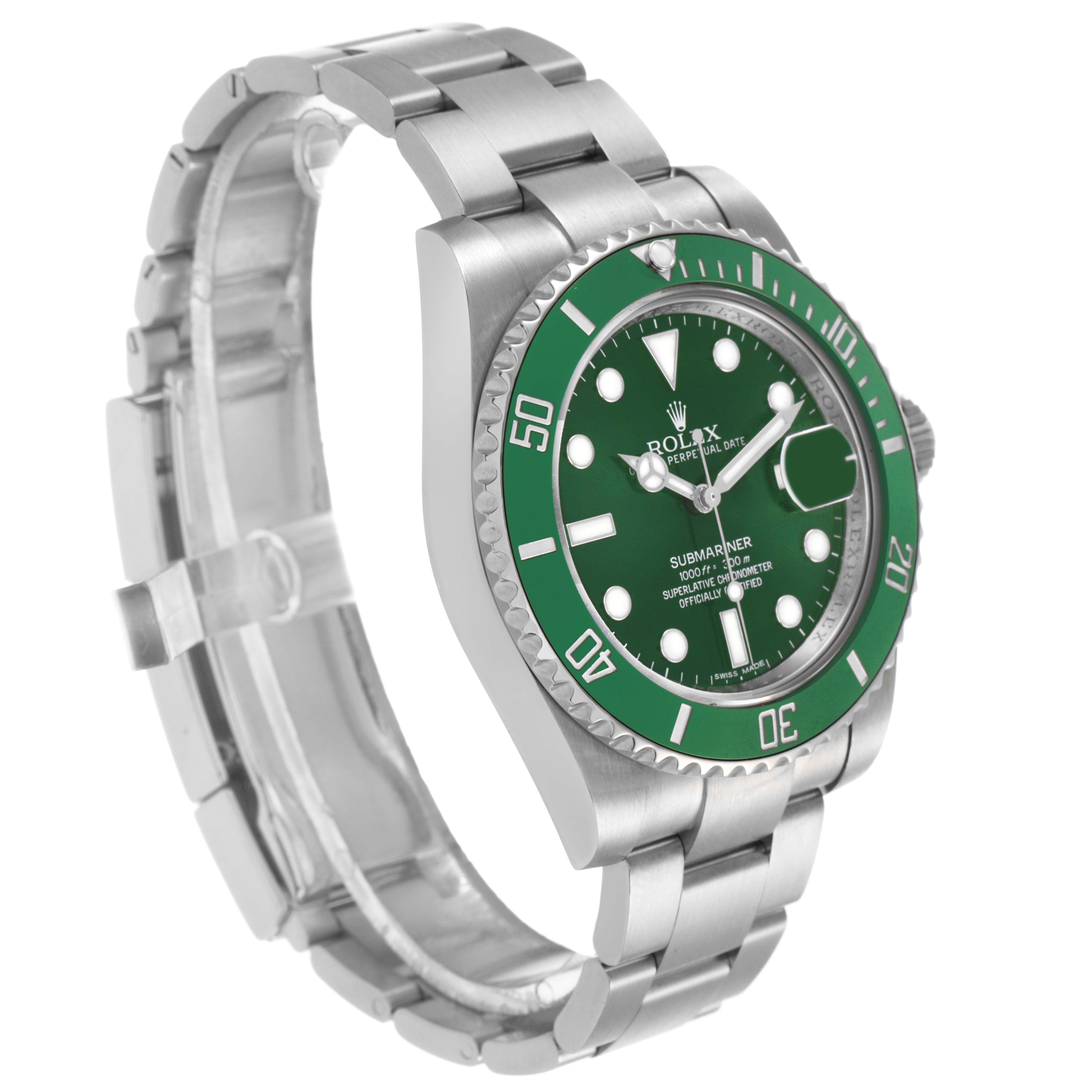 The Rolex Submariner 116610LV Men's Stainless Steel Green Dial watch is shown at a three-quarter angle, highlighting the bracelet, bezel, and face.