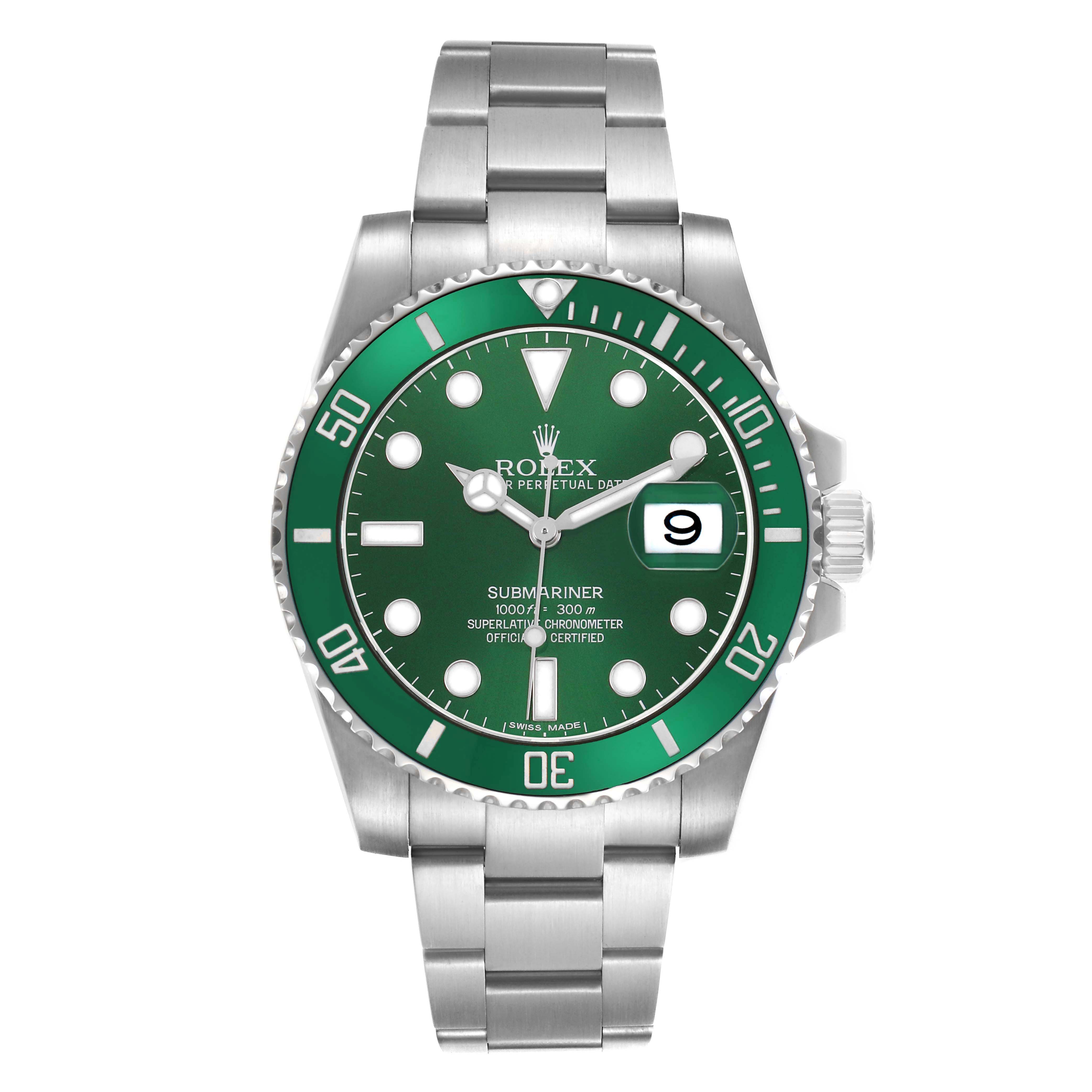 The image shows a front view of the Rolex Submariner 116610LV Men's Stainless Steel Green Dial, highlighting its green bezel and dial, metal bracelet, and date window.