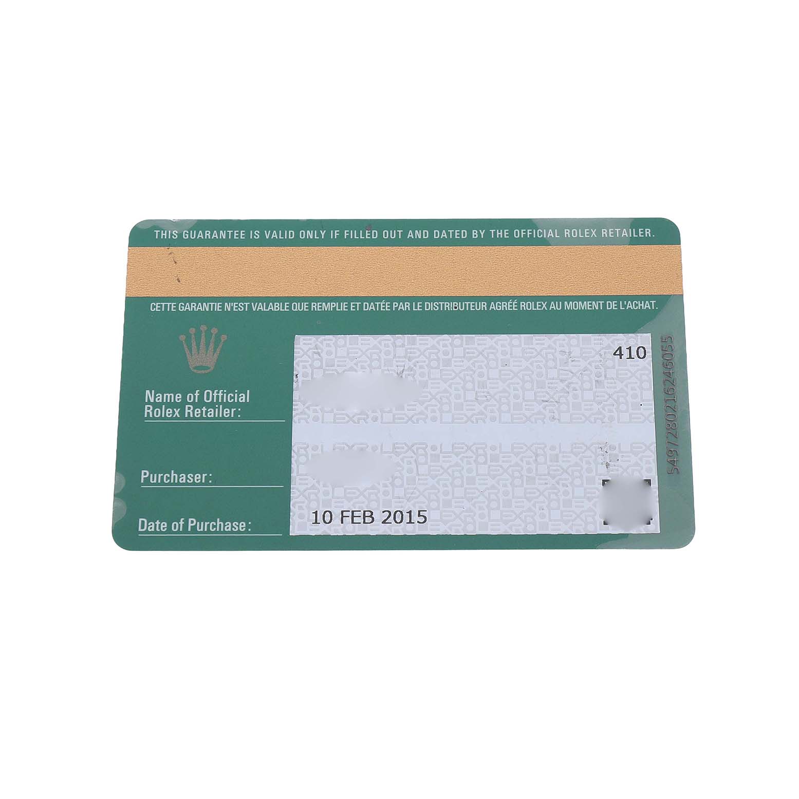The image shows a guarantee card for a Rolex Submariner 116610LV Men's Stainless Steel Green Dial, with details like purchase date and retailer information.