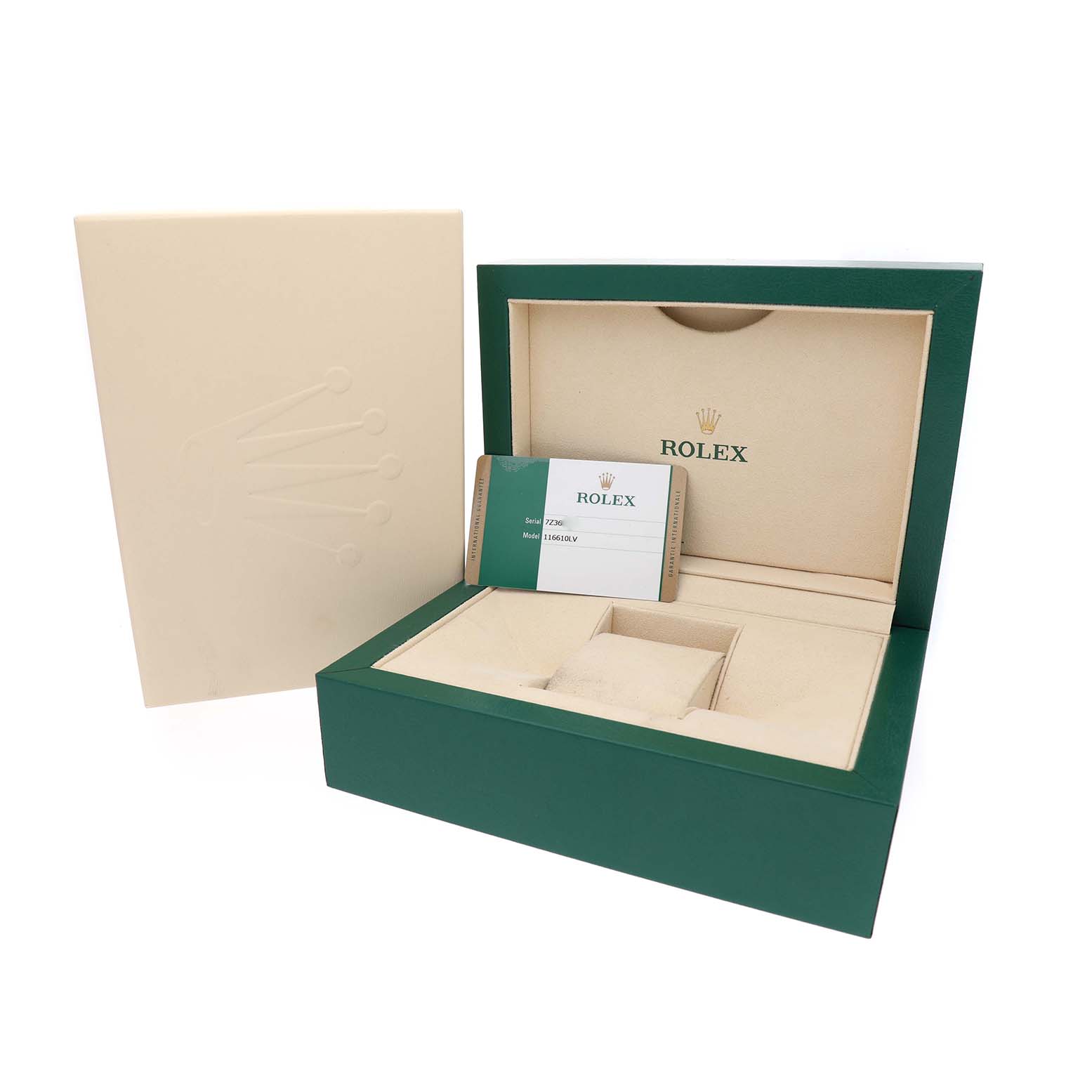 The image shows an open Rolex Submariner 116610LV Men's Stainless Steel Green Dial box with a card, from a front angle.