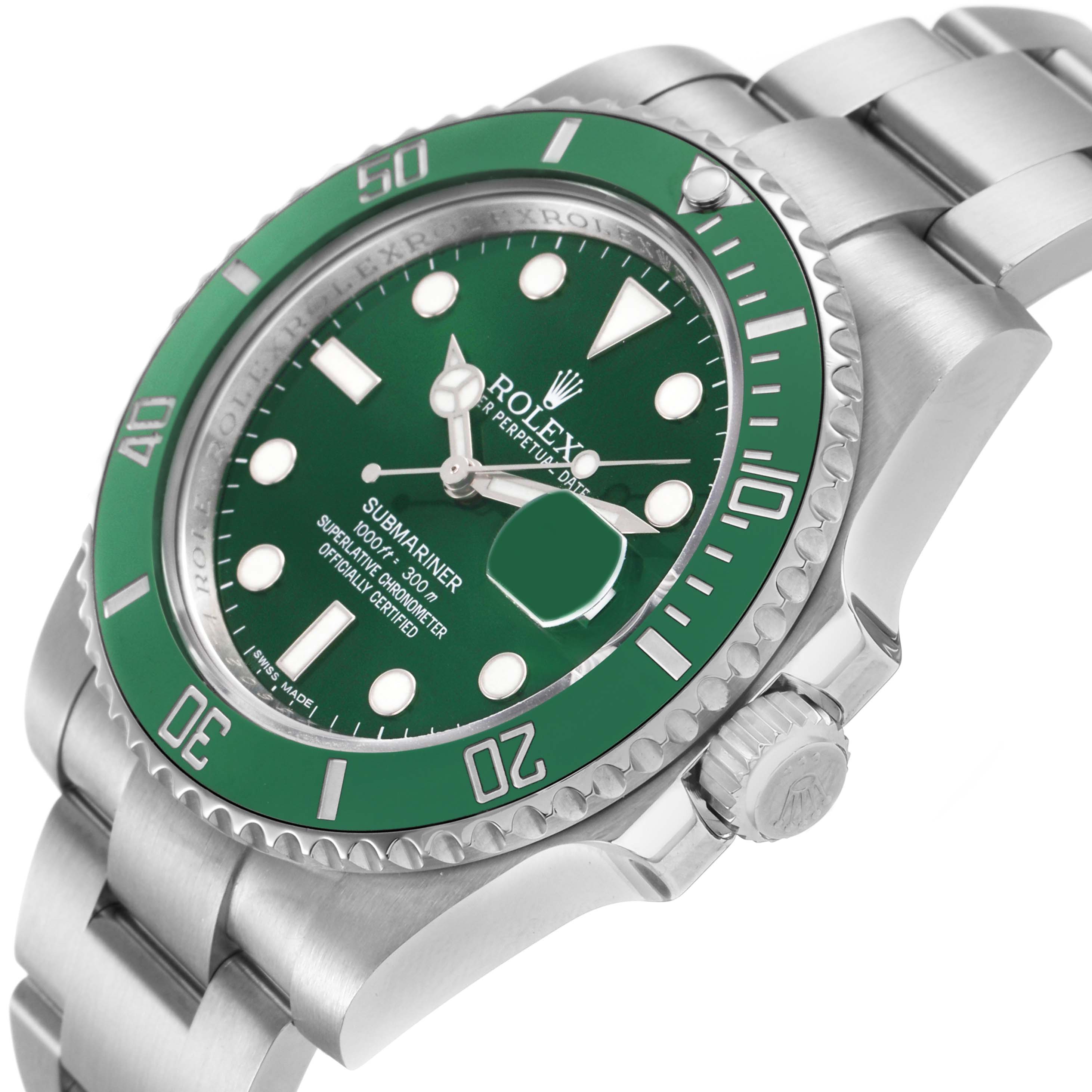 The Rolex Submariner 116610LV Men's Stainless Steel Green Dial watch is shown at an angled view, displaying the face, bezel, crown, and part of the stainless steel bracelet.