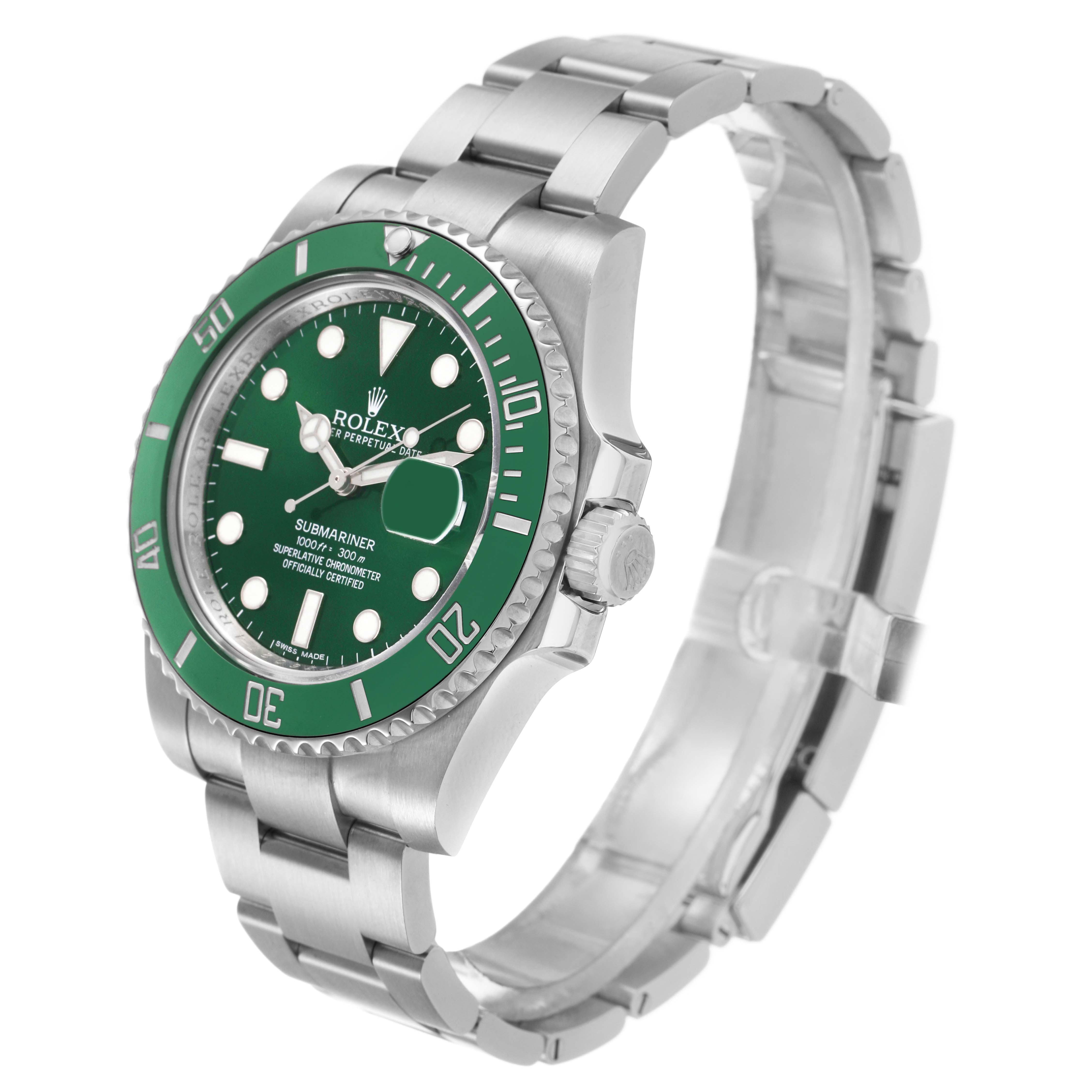 The Rolex Submariner 116610LV Men's Stainless Steel Green Dial watch is angled to show the side and part of the bracelet, highlighting its green bezel and dial.