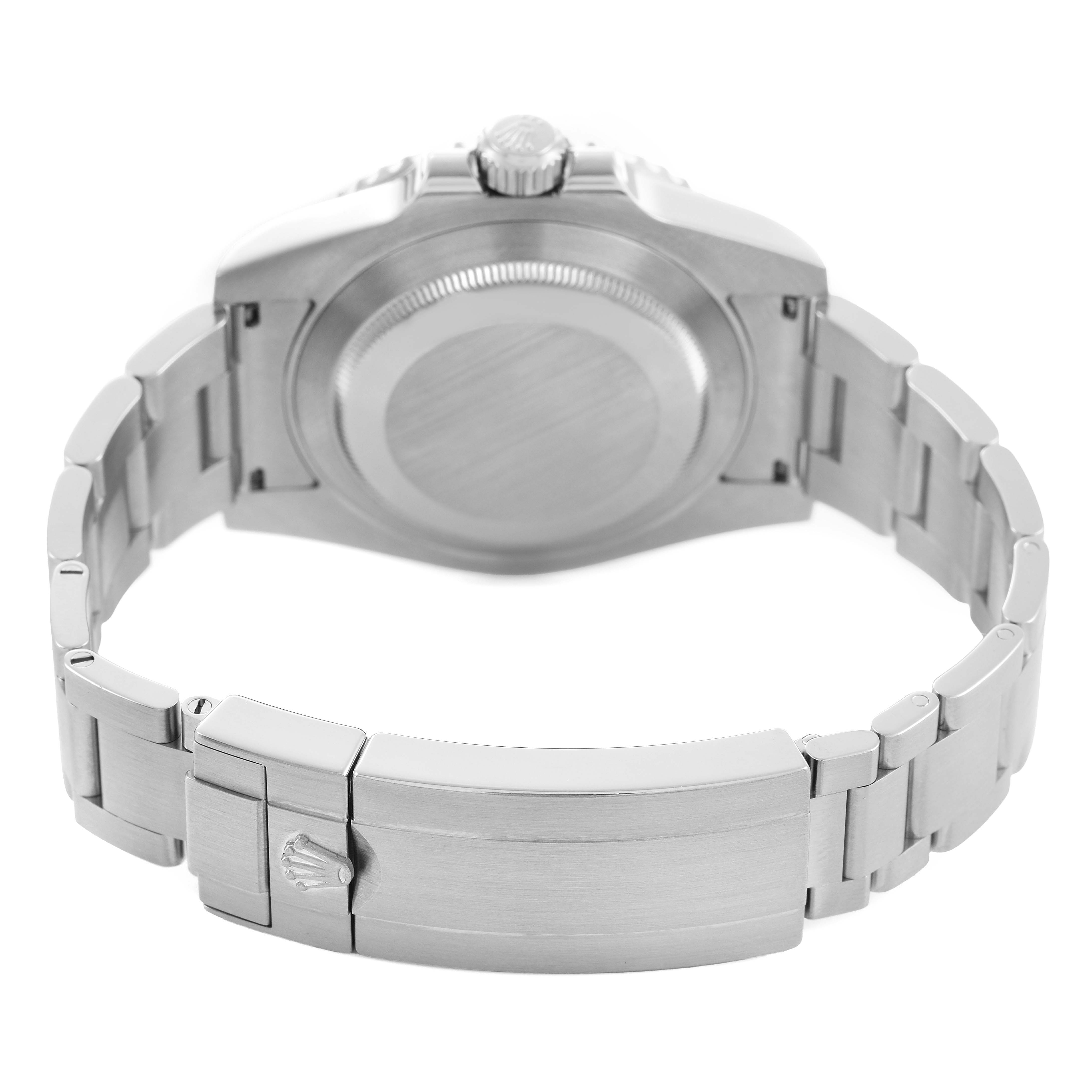 The image shows the back view of the Rolex Submariner 116610LV Men's Stainless Steel Green Dial, highlighting the case back, bracelet, and clasp.