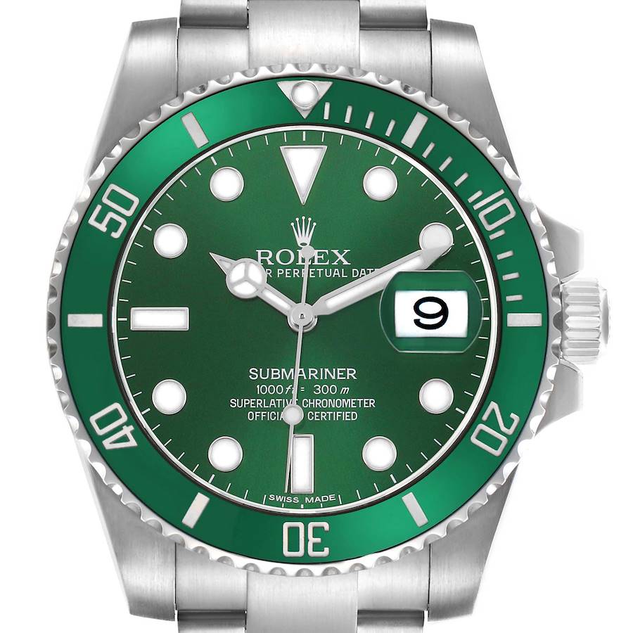 The image shows a top-down view of the Rolex Submariner 116610LV Men's Stainless Steel Green Dial watch, highlighting its green dial, bezel, and case.
