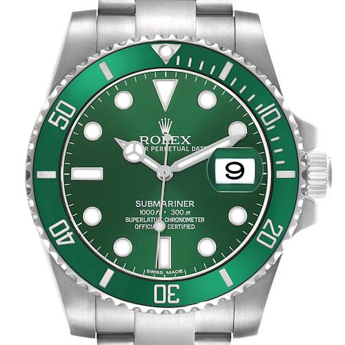 The image shows a front view of a Rolex Submariner 116610LV Men's Stainless Steel Green Dial watch, highlighting its green bezel, dial, and date display.