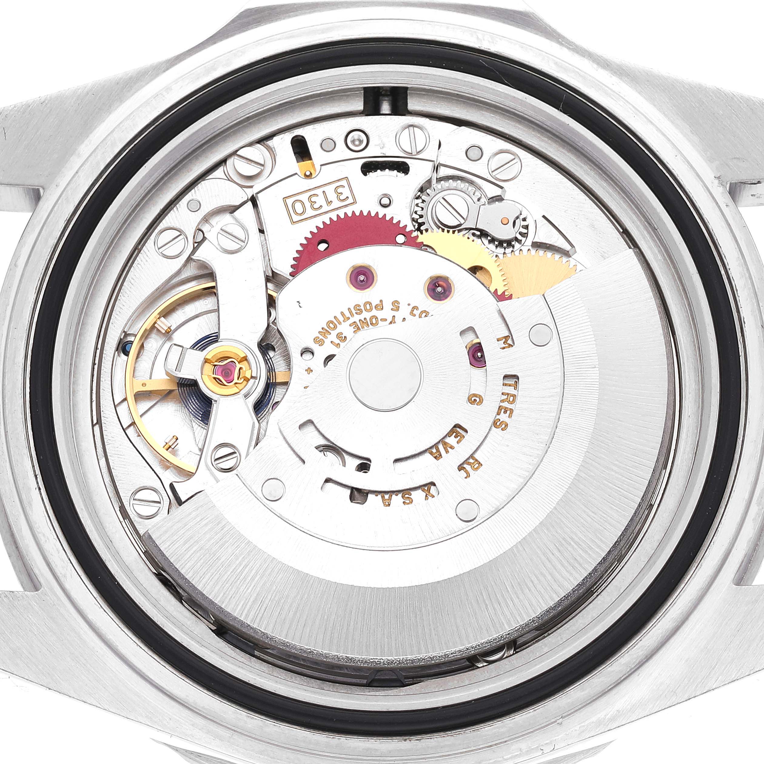 This is the internal mechanism of a Rolex Submariner 14060 Men
s Stainless Steel Black Dial 14060 Men
s Stainless Steel Black Dial watch, showing the intricate gears and components from a rear view.