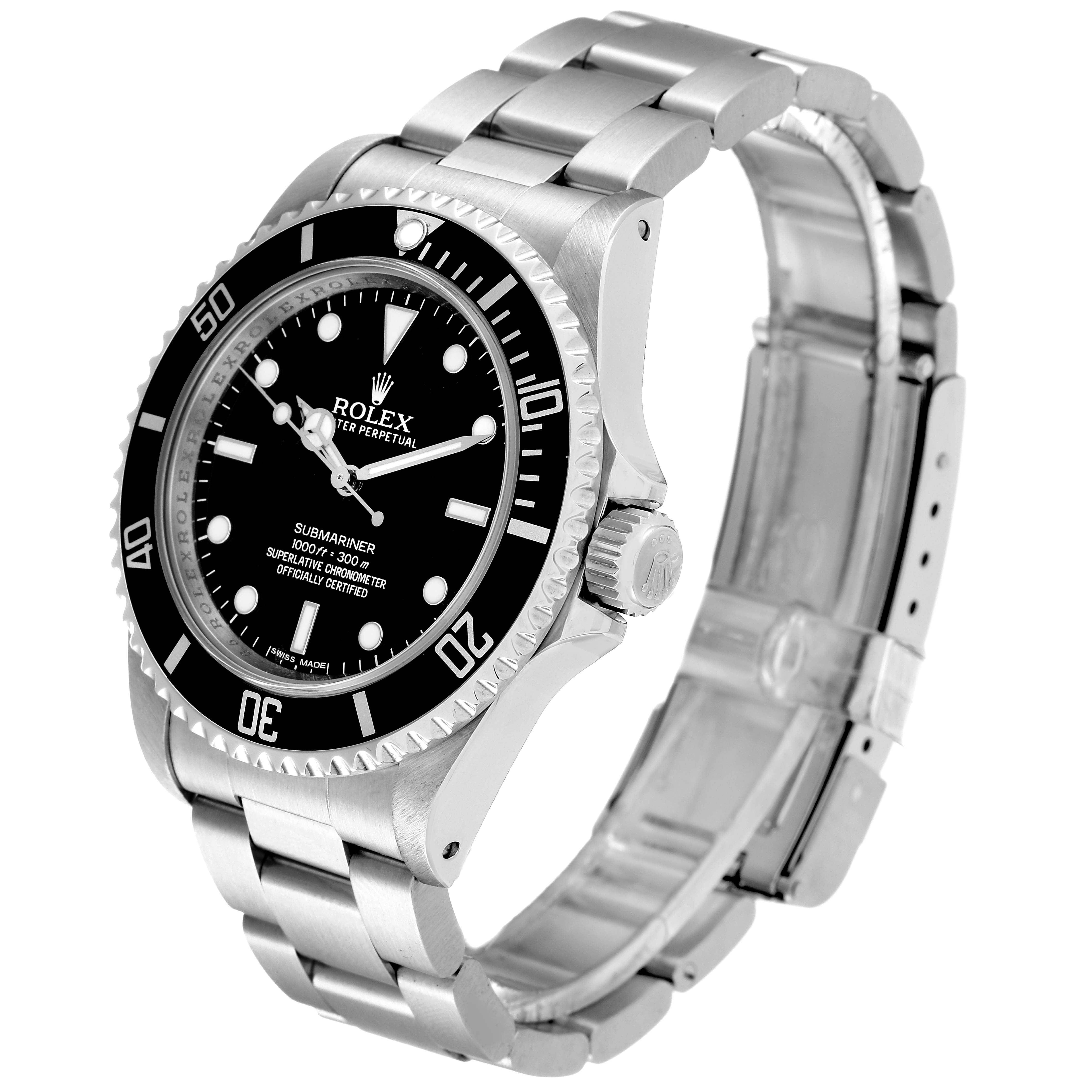The Rolex Submariner 14060 Men
s Stainless Steel Black Dial 14060 Men
s Stainless Steel Black Dial watch is shown at a three-quarter angle, displaying the watch face, bezel, crown, and metal bracelet.