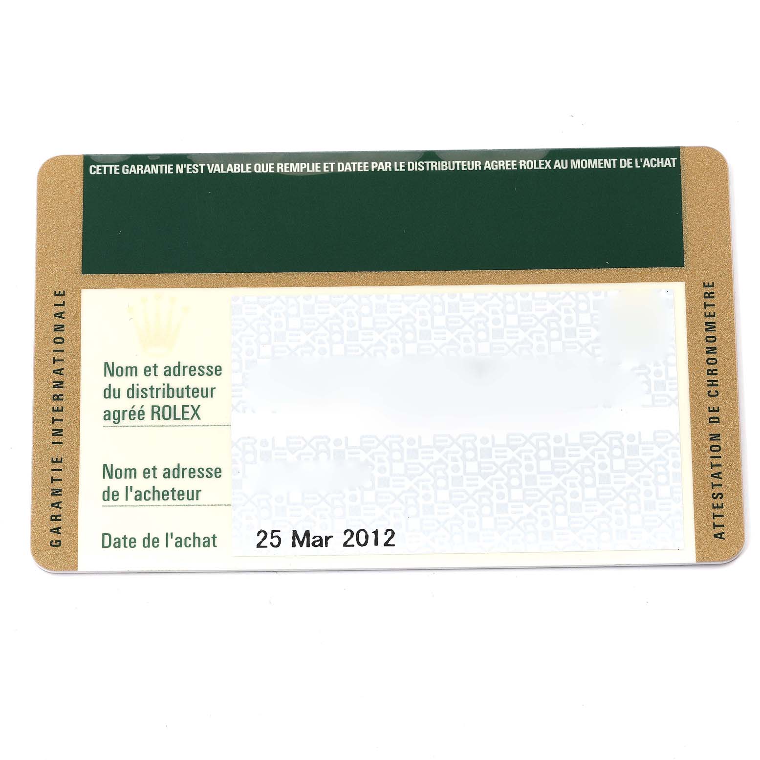 The image shows a warranty card for a Rolex Submariner 14060 Men
s Stainless Steel Black Dial 14060 Men
s Stainless Steel Black Dial watch, featuring purchase and distributor details.