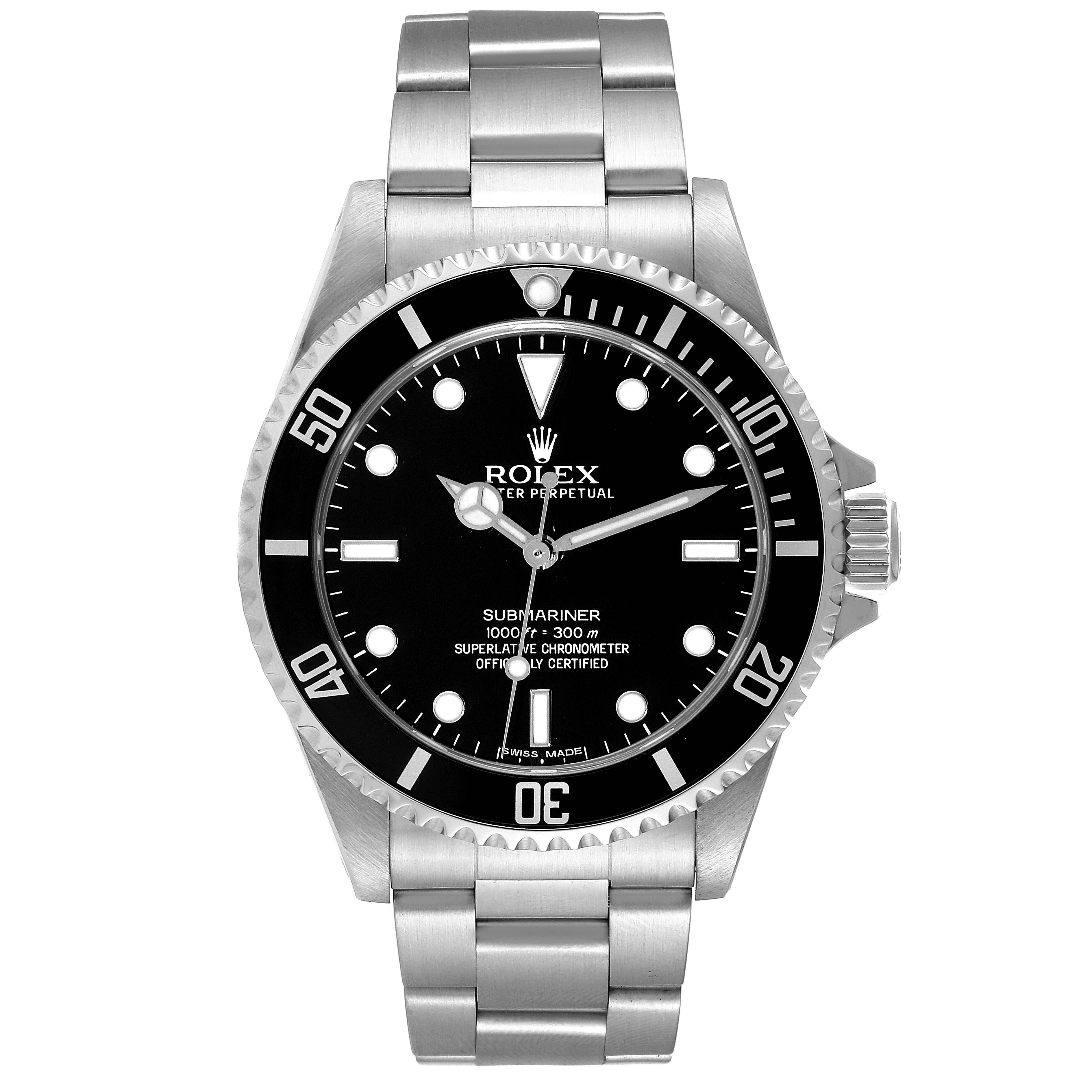 The image shows a frontal view of a Rolex Submariner 14060 Men
s Stainless Steel Black Dial 14060 Men
s Stainless Steel Black Dial watch, displaying the dial, bezel, and stainless steel bracelet.