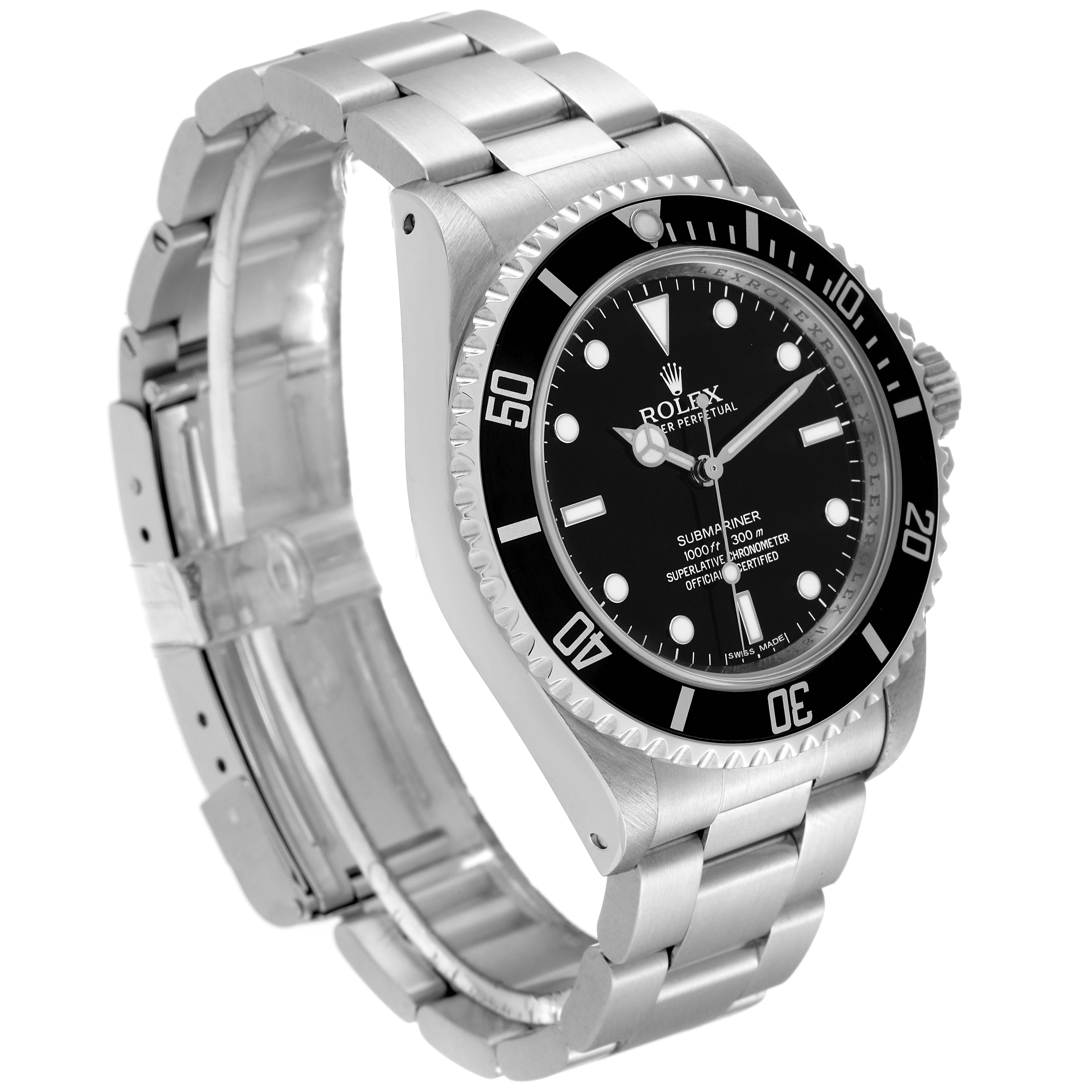 The Rolex Submariner 14060 Men
s Stainless Steel Black Dial 14060 Men
s Stainless Steel Black Dial watch is shown at a three-quarter angle, highlighting the face, bezel, and metal bracelet.