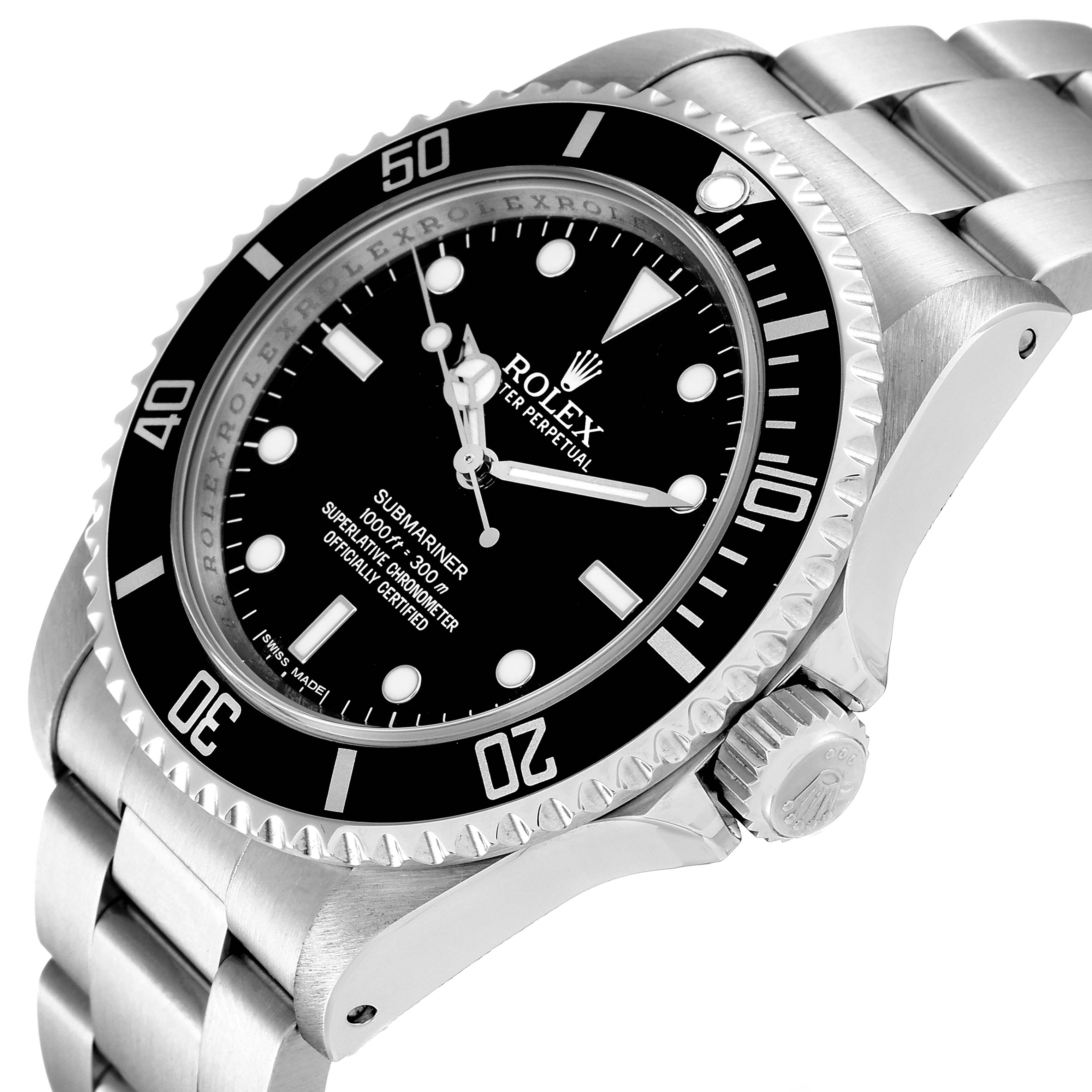 The image displays a Rolex Submariner 14060 Men
s Stainless Steel Black Dial 14060 Men
s Stainless Steel Black Dial watch from an angled side view, highlighting the bezel, crown, and bracelet.