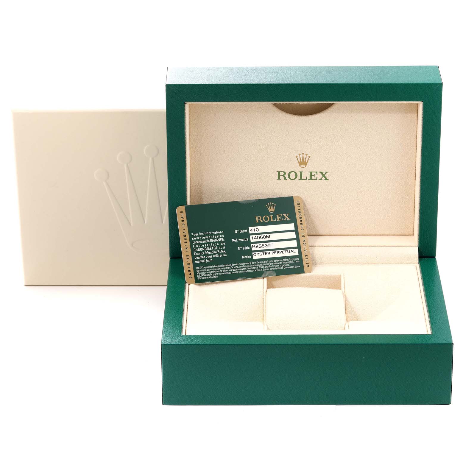 The image shows a Rolex Submariner 14060 Men
s Stainless Steel Black Dial 14060 Men
s Stainless Steel Black Dial watch box and warranty card from a front angle.