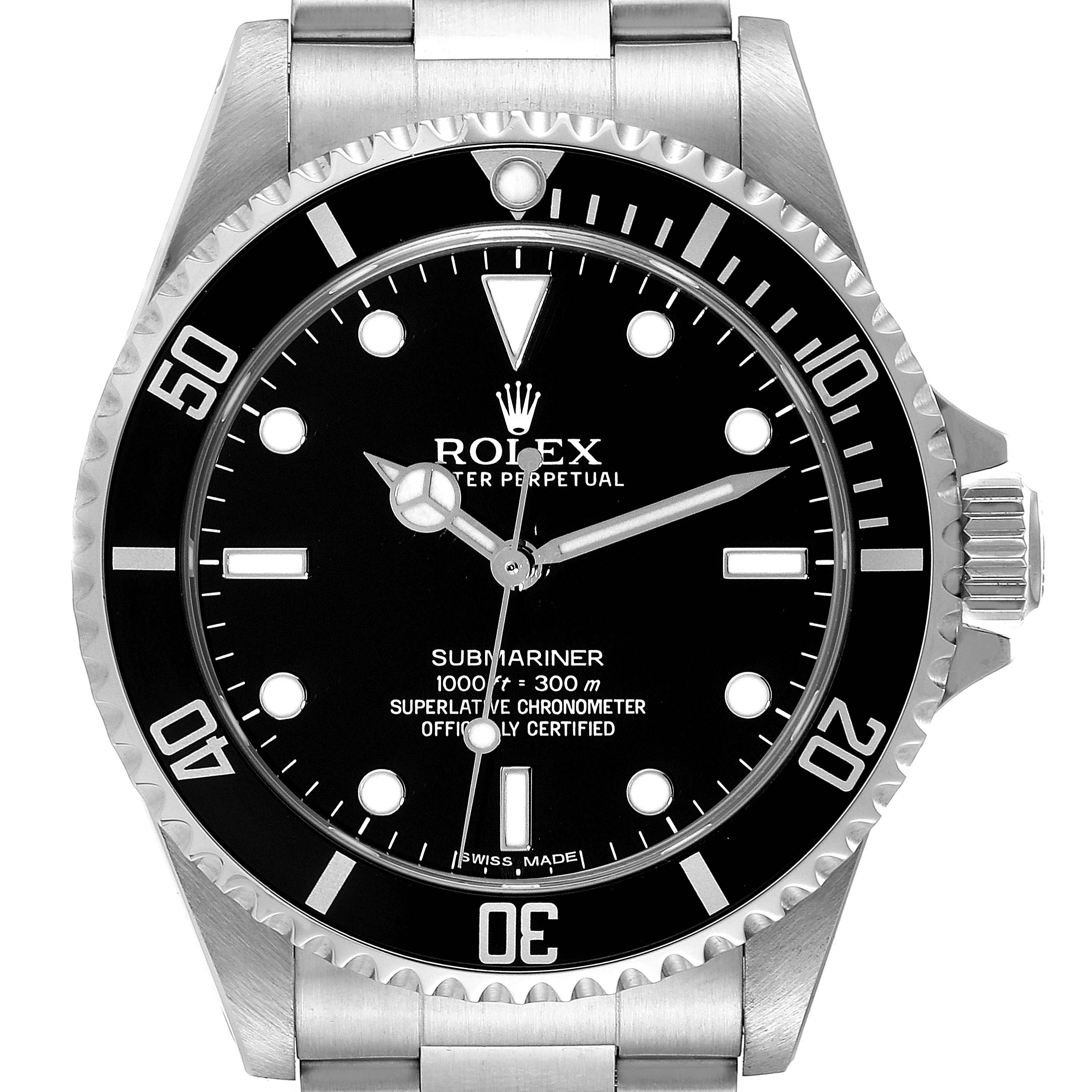 The image shows a front view of a Rolex Submariner 14060 Men
s Stainless Steel Black Dial 14060 Men
s Stainless Steel Black Dial watch, highlighting the black dial, bezel, and stainless steel bracelet.