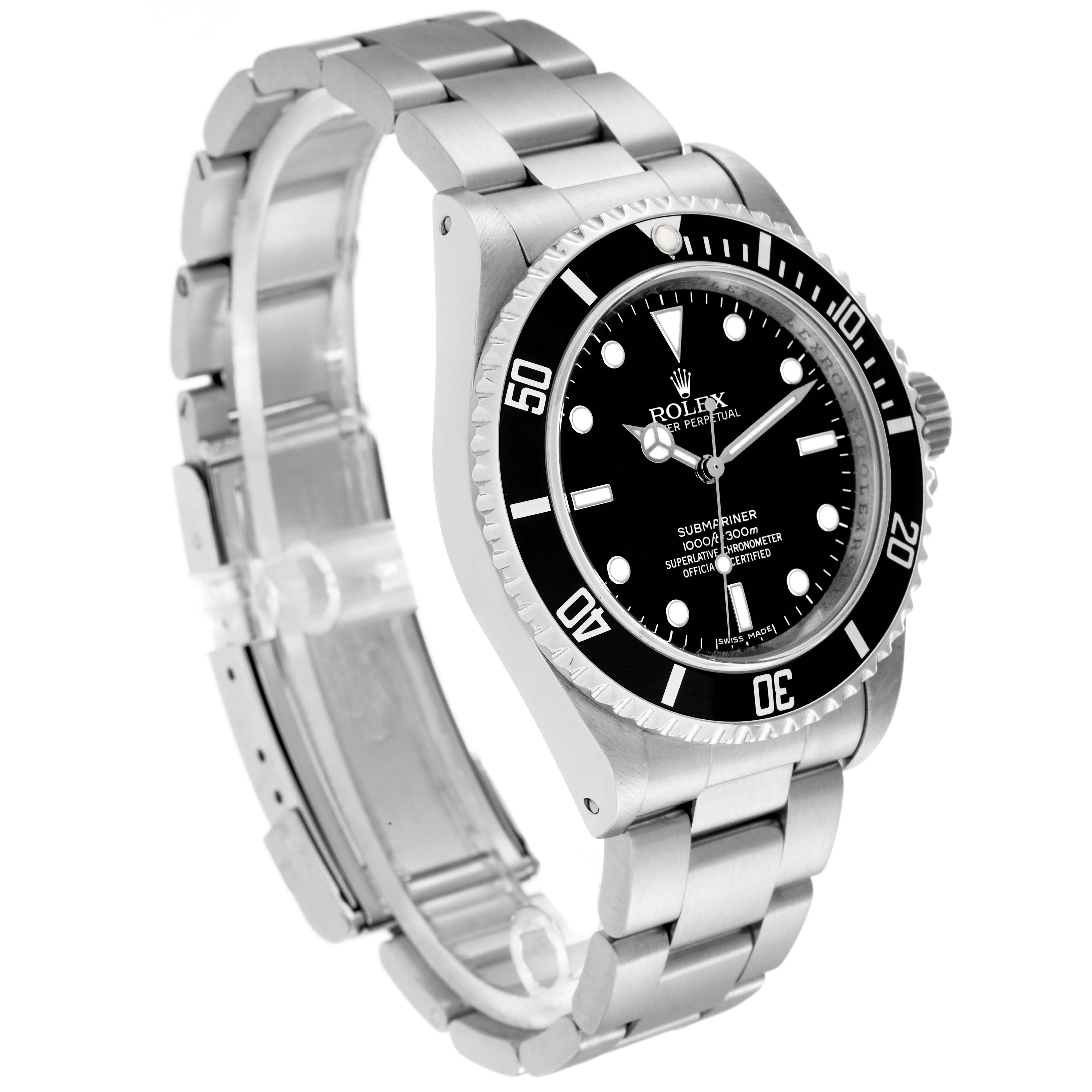 The Rolex Submariner model 14060M is shown from a front-side angle, highlighting the bezel, dial, and bracelet of this men
s watch.