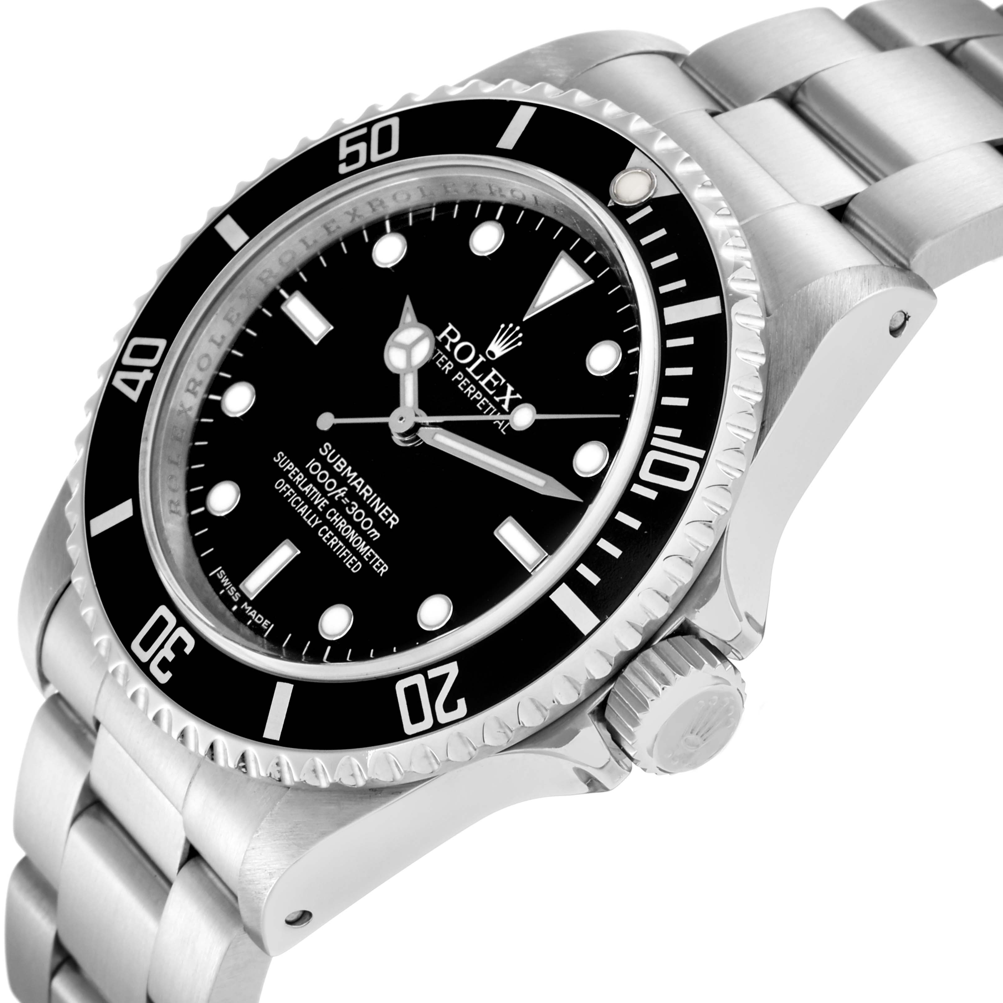 The image shows a Rolex Submariner 14060M from a side angle, displaying the bezel, dial, crown, and part of the bracelet.