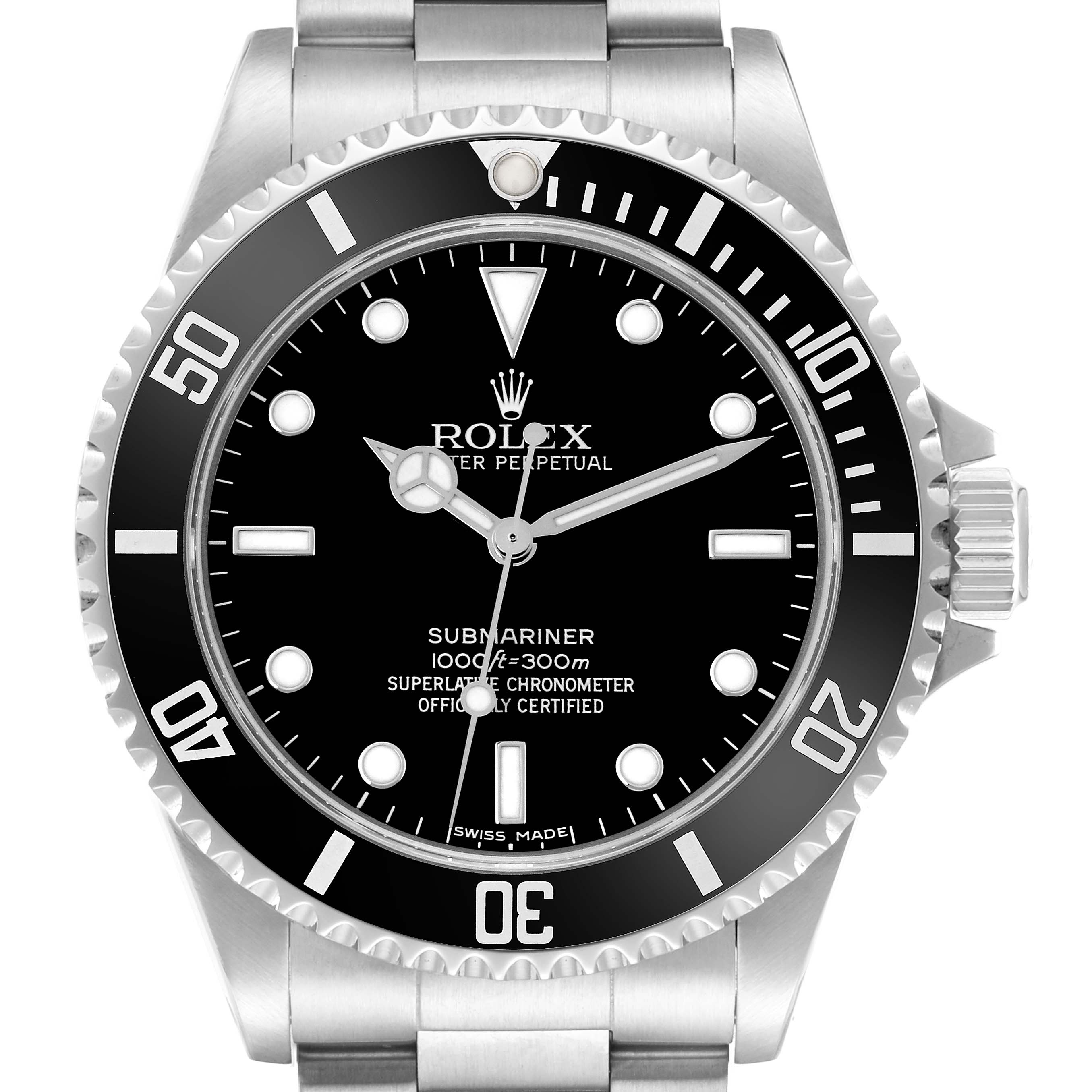 The image shows a Rolex Submariner, model 14060M, from a top-down angle focusing on the dial, bezel, crown, and part of the bracelet.