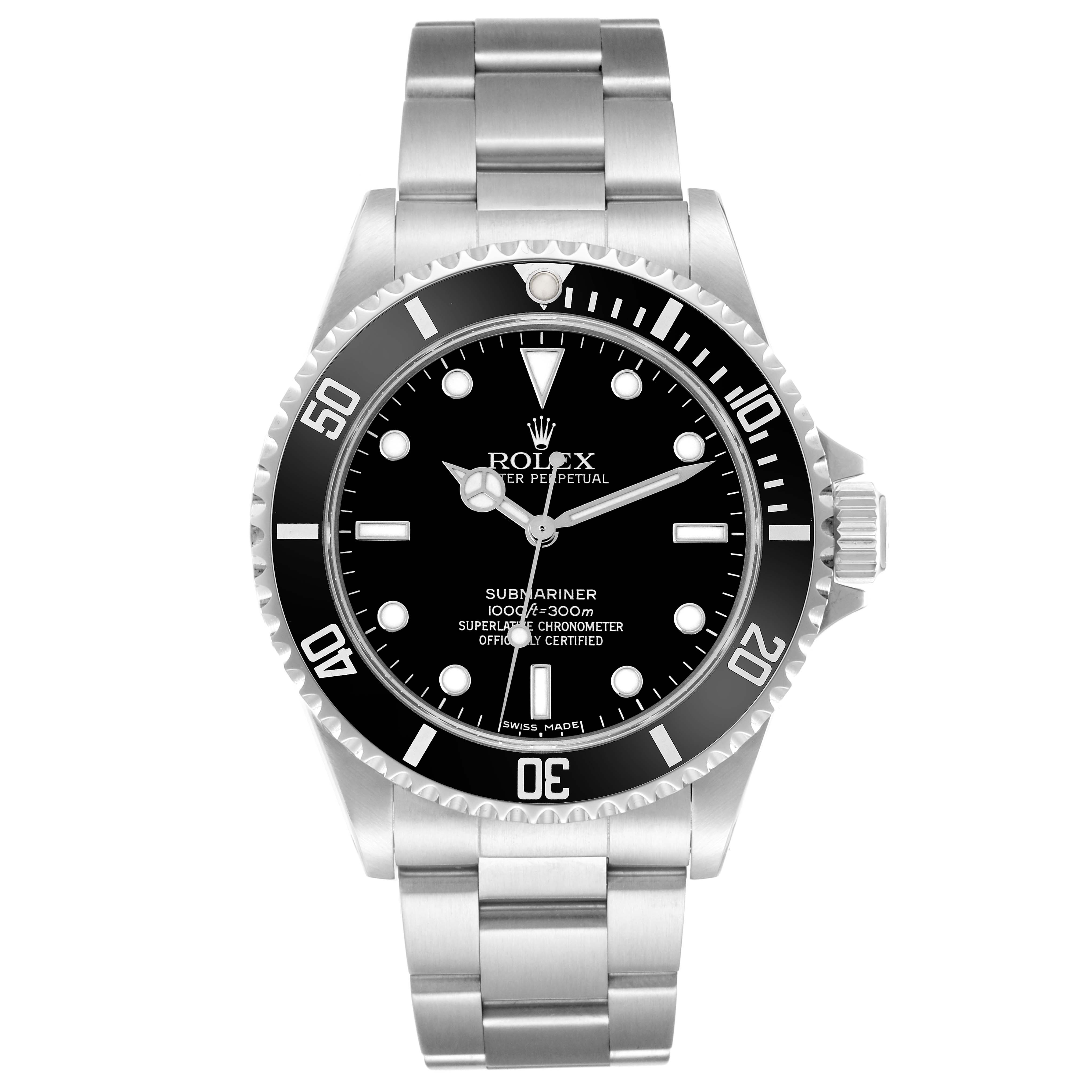 The image shows a Rolex Submariner 14060M watch from a top-down angle, highlighting the black dial, rotating bezel, and stainless steel bracelet.