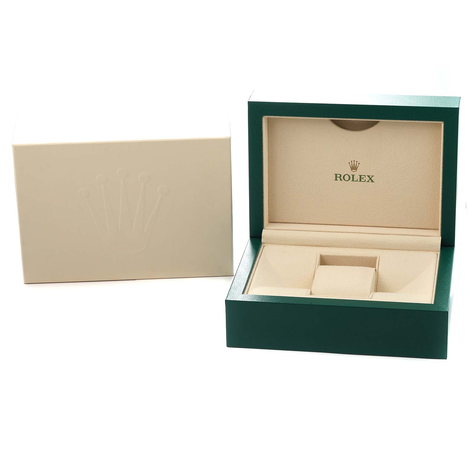 The image shows a Rolex watch box for the Submariner model 14060M, featuring an open view with a green exterior and beige interior, displaying the Rolex logo.