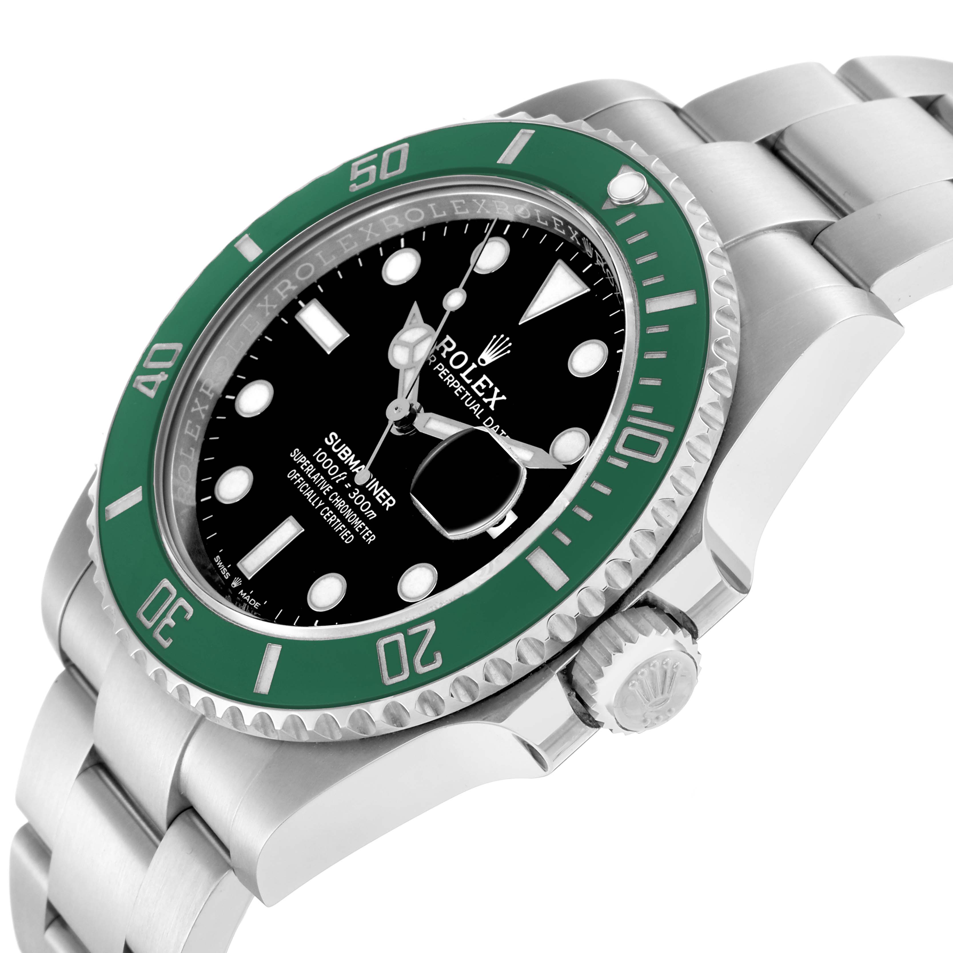 The image shows a Rolex Submariner model 126610 at a slight side angle, highlighting the green bezel, black dial, crown, and part of the stainless steel bracelet.