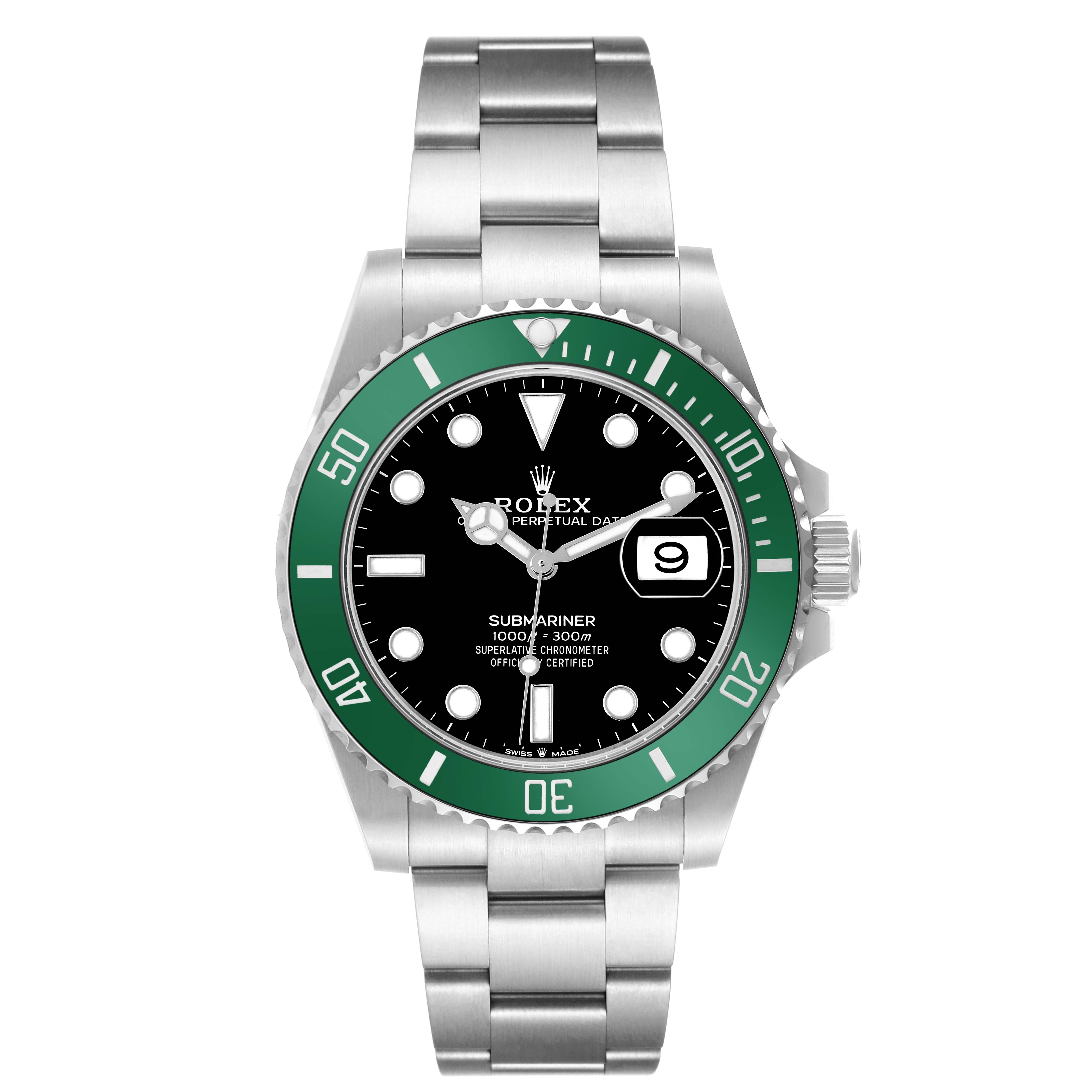 The image shows a Rolex Submariner, model 126610, with a green bezel, black dial, and stainless steel bracelet, viewed from the front.