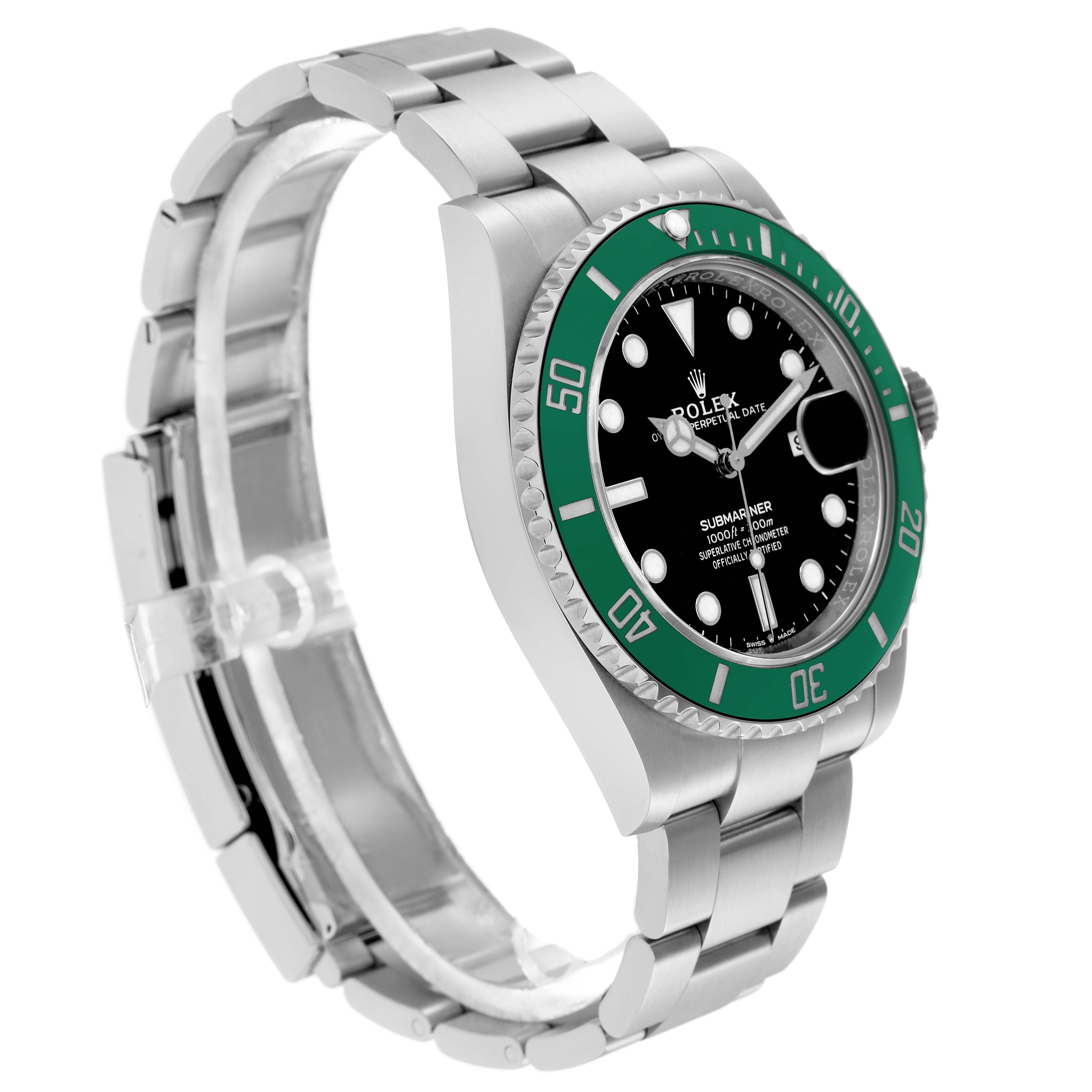 The image shows the Rolex Submariner model 126610 at a three-quarter angle, highlighting the watch face, green bezel, and part of the bracelet.