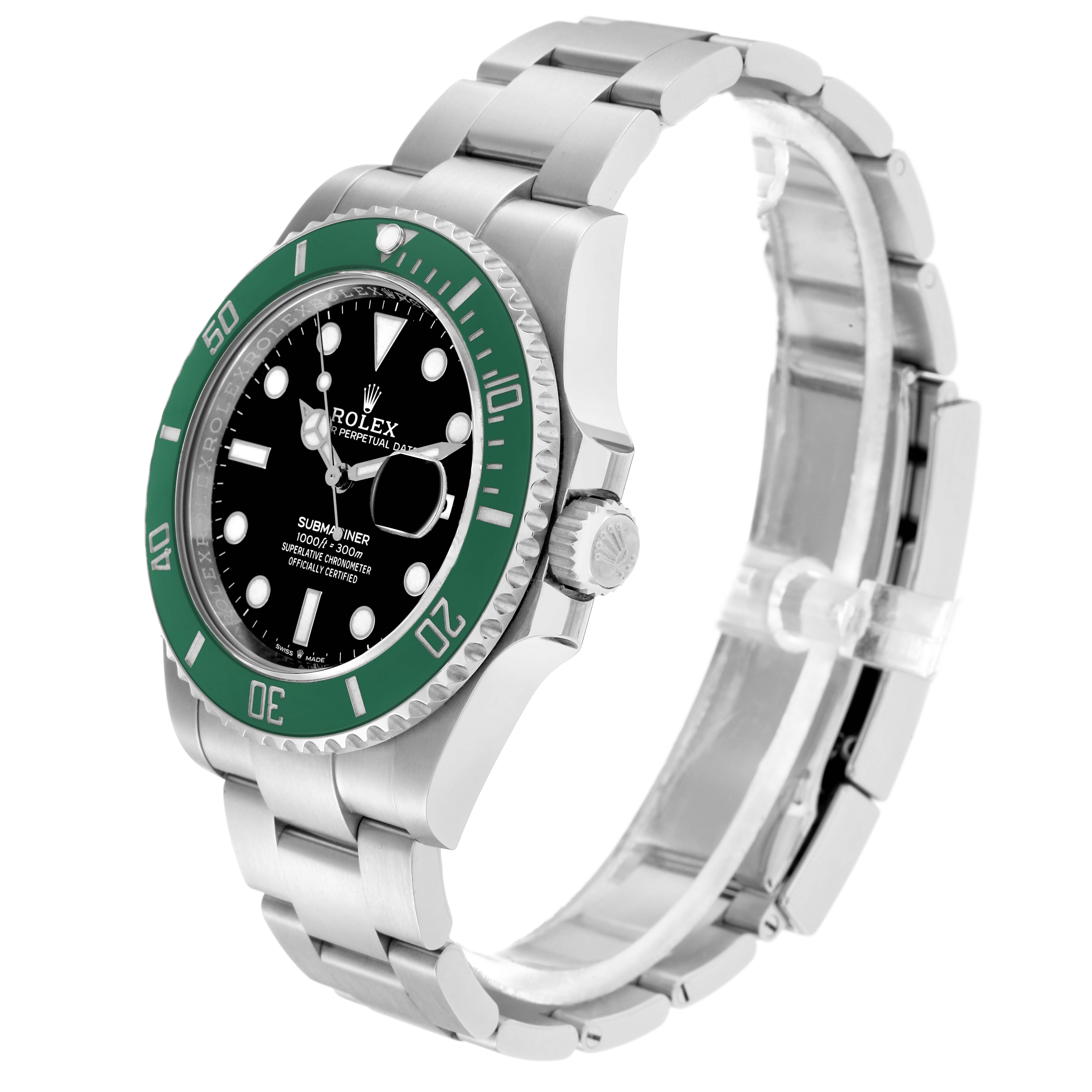 The Rolex Submariner model 126610 is shown at a three-quarter angle, highlighting the face, green bezel, crown, and part of the stainless steel bracelet.