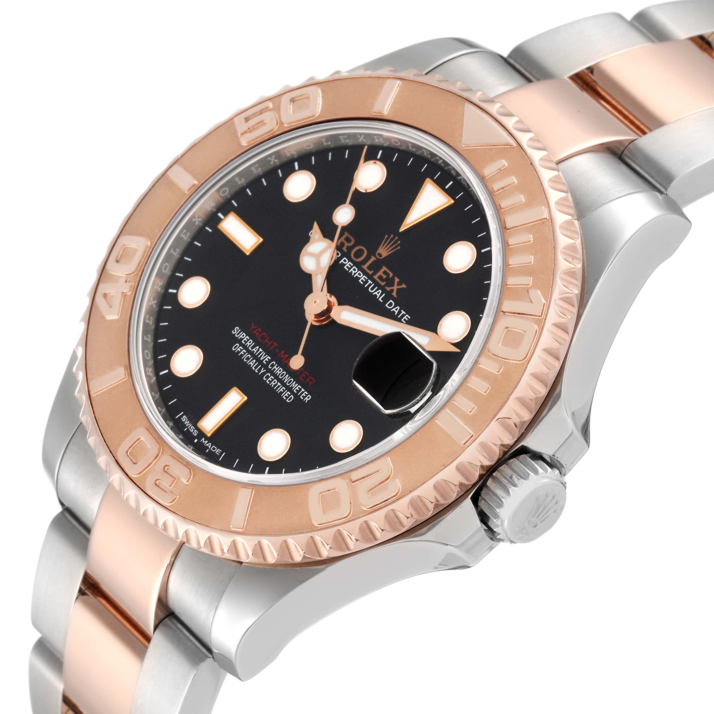 The image shows a close-up angled view of the face and bezel of the Rolex Yacht-Master 268621 Men
s Steel and Gold (two tone) Black Dial 268621 Men
s Steel and Gold (two tone) Black Dial watch.