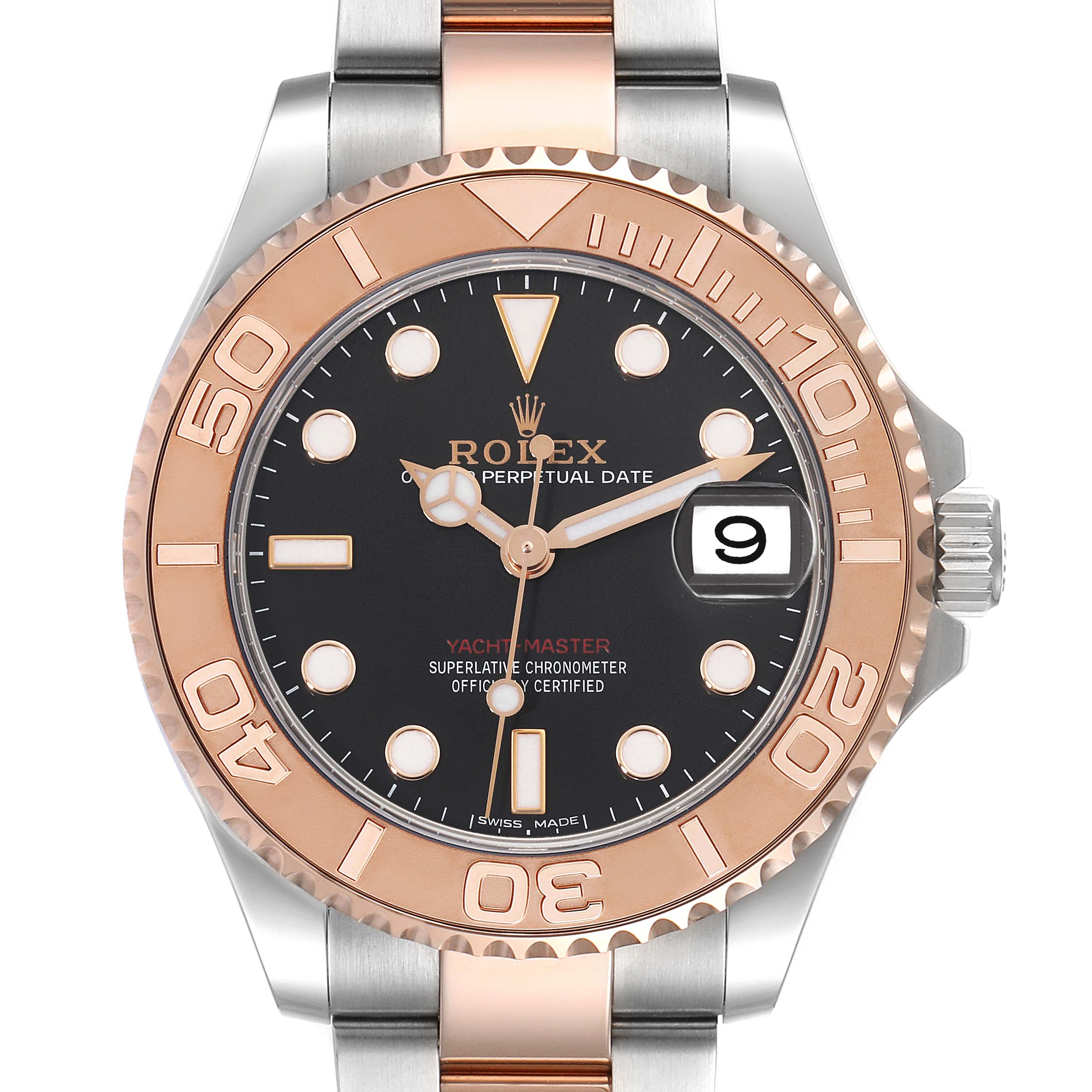 The image shows a front view of a Rolex Yacht-Master 268621 Men
s Steel and Gold (two tone) Black Dial 268621 Men
s Steel and Gold (two tone) Black Dial watch featuring a black dial, a rose gold bezel, and a two-tone bracelet.