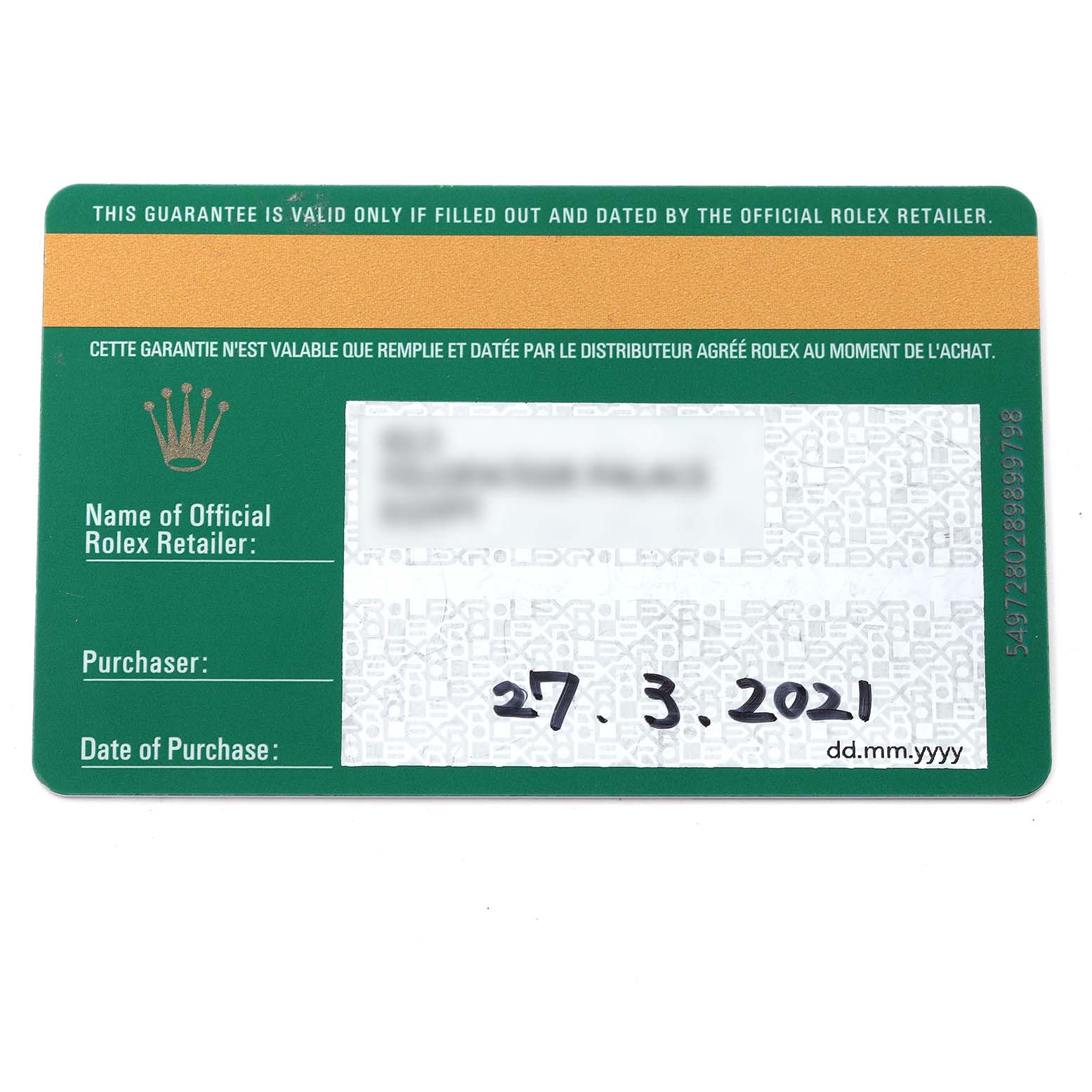 This image shows a guarantee card for a Rolex Yacht-Master 268621 Men
s Steel and Gold (two tone) Black Dial 268621 Men
s Steel and Gold (two tone) Black Dial watch, featuring purchase details and an official retailer
s name.