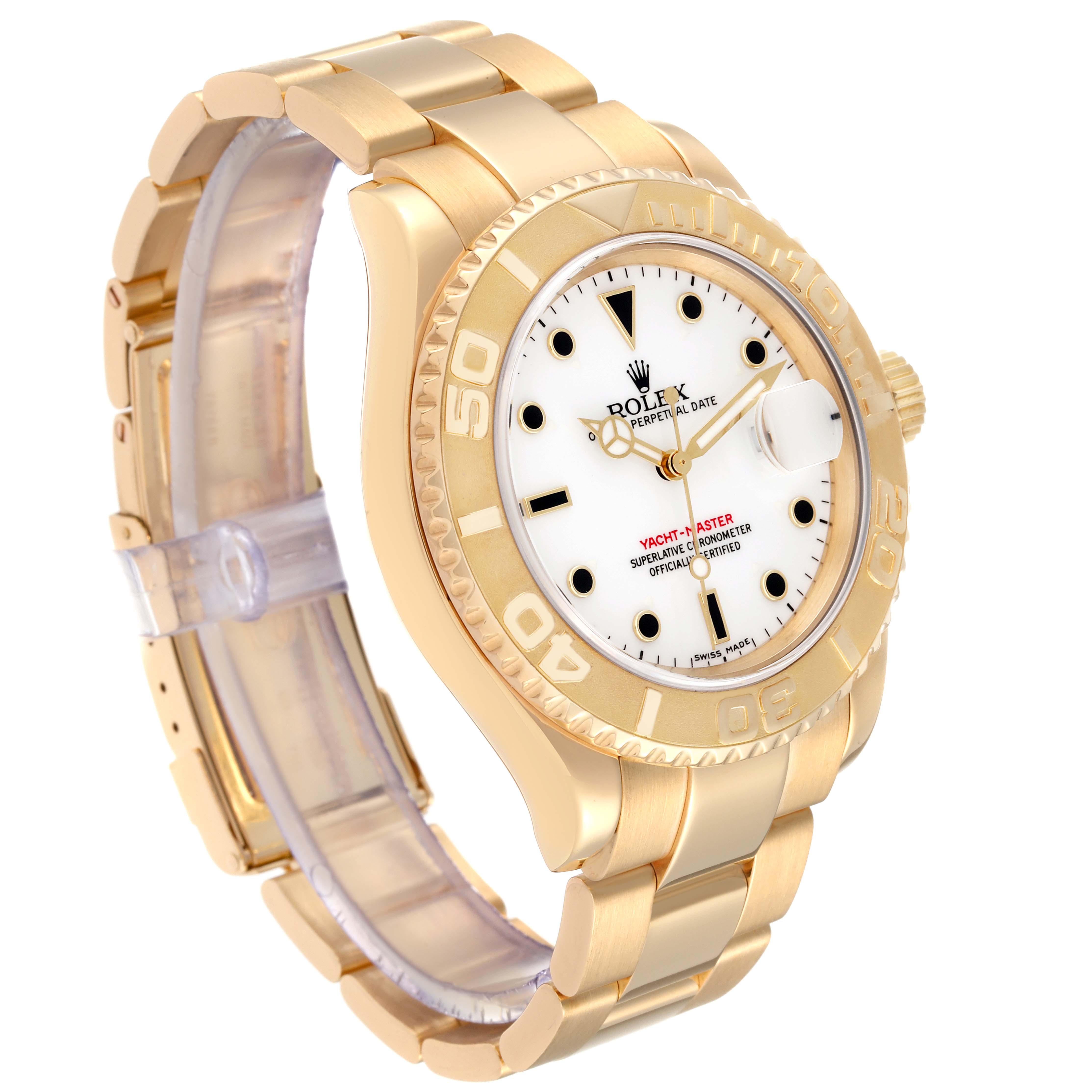 The image shows a Rolex Yacht-Master 16628 Men's Yellow Gold White Dial 16628 Men's Yellow Gold White Dial model watch angled from the left side, highlighting the face, bezel, and metal bracelet.